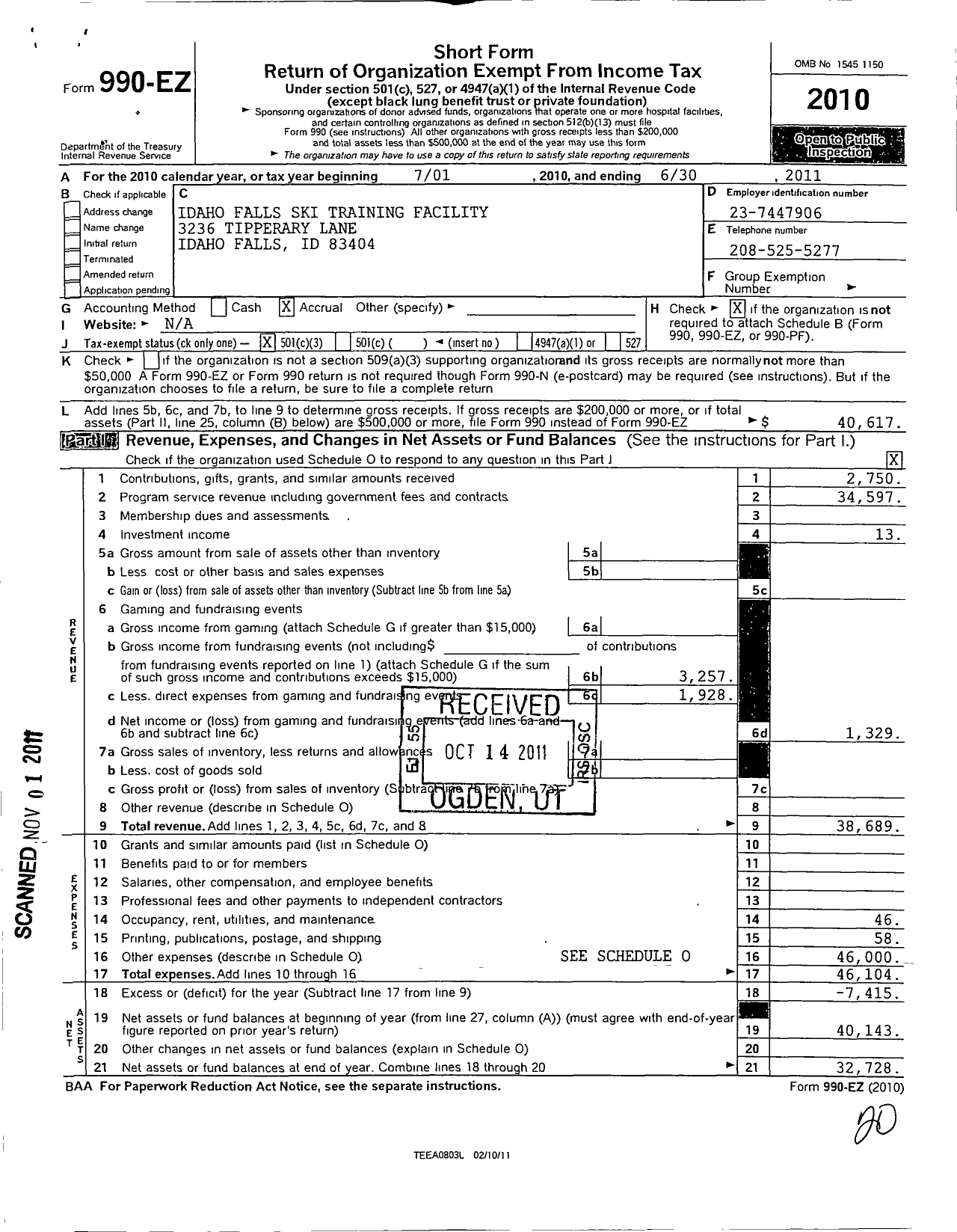 Image of first page of 2010 Form 990EZ for Idaho Falls Ski Training Facility