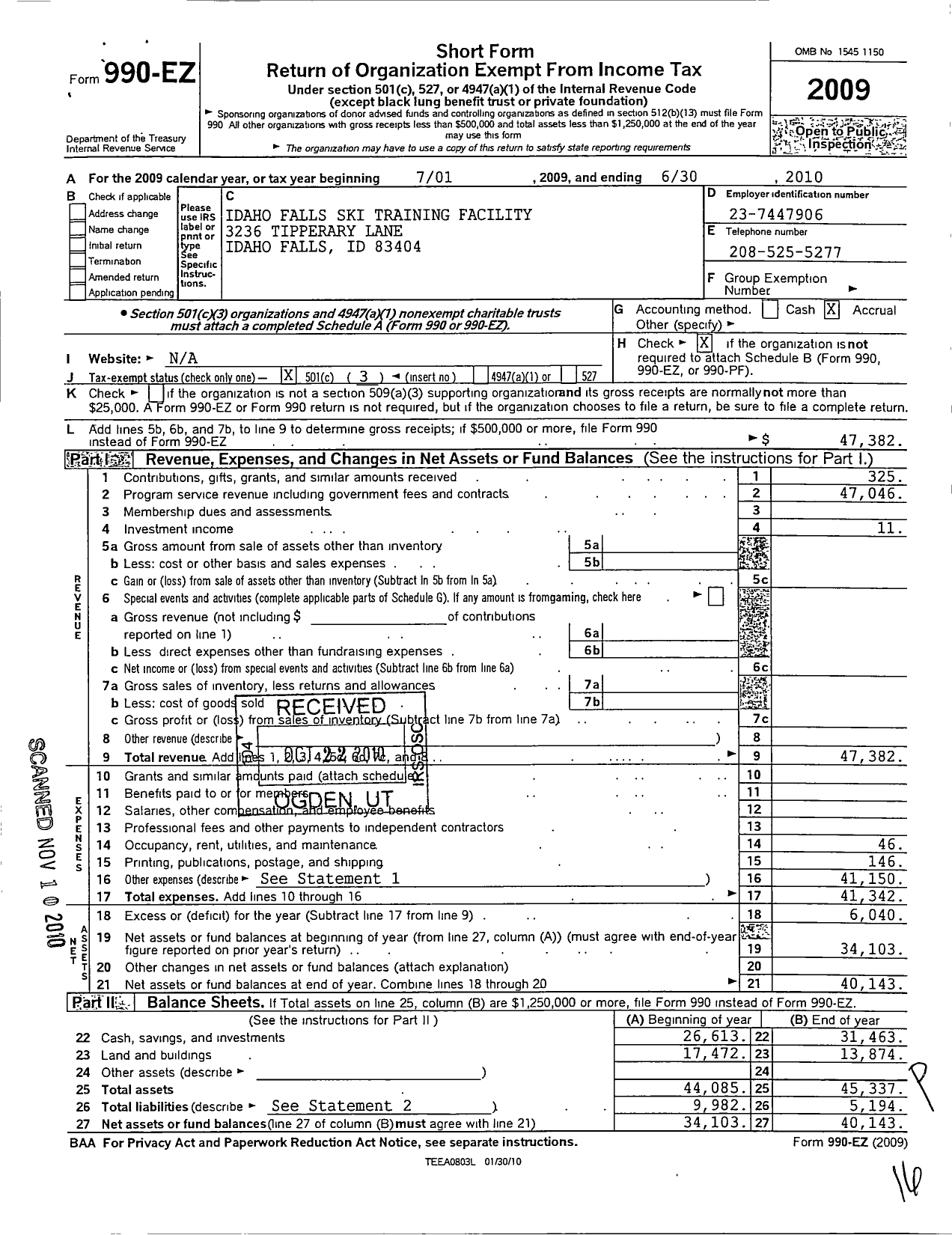 Image of first page of 2009 Form 990EZ for Idaho Falls Ski Training Facility