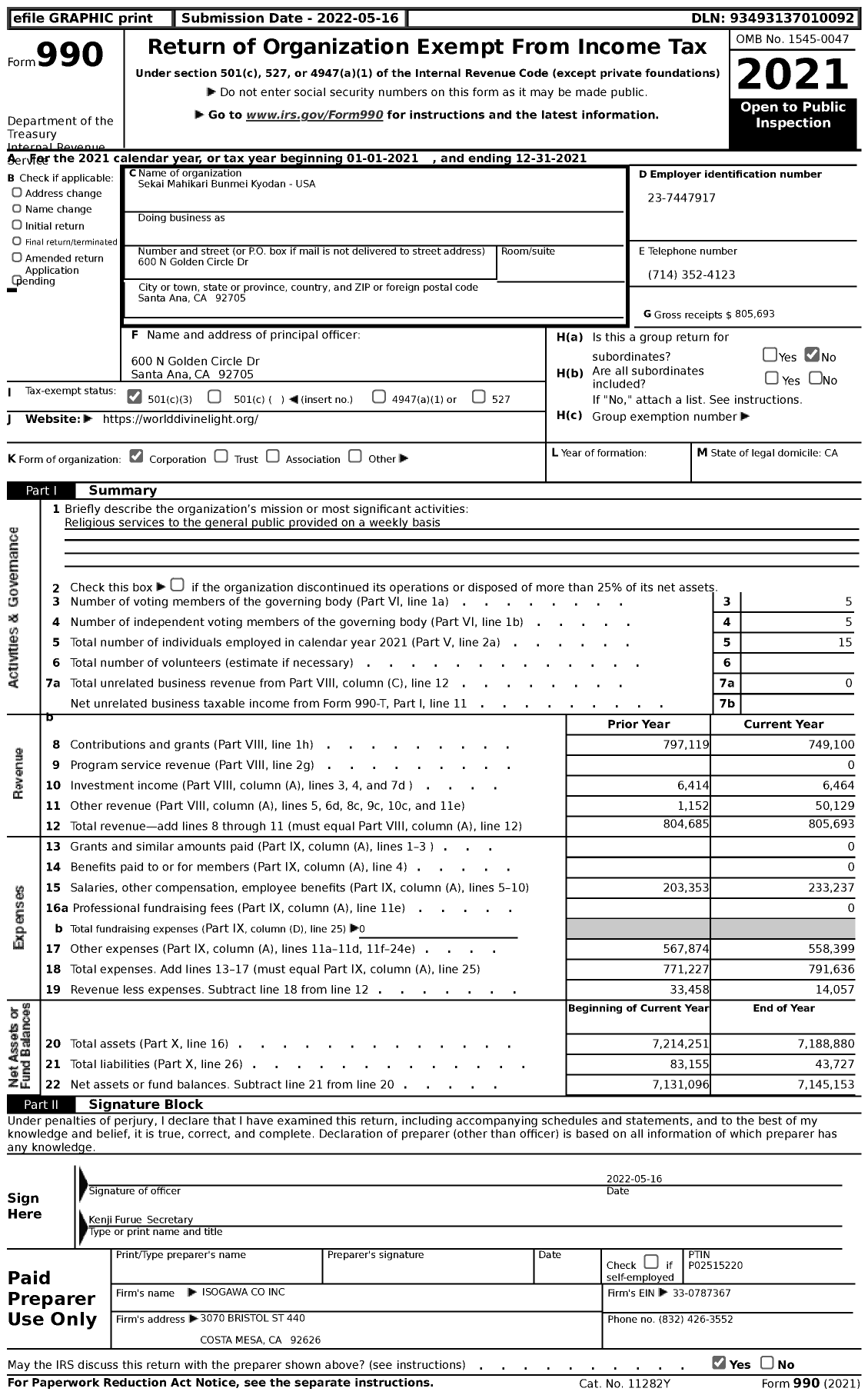 Image of first page of 2021 Form 990 for Sekai Mahikari Bunmei Kyodan - USA