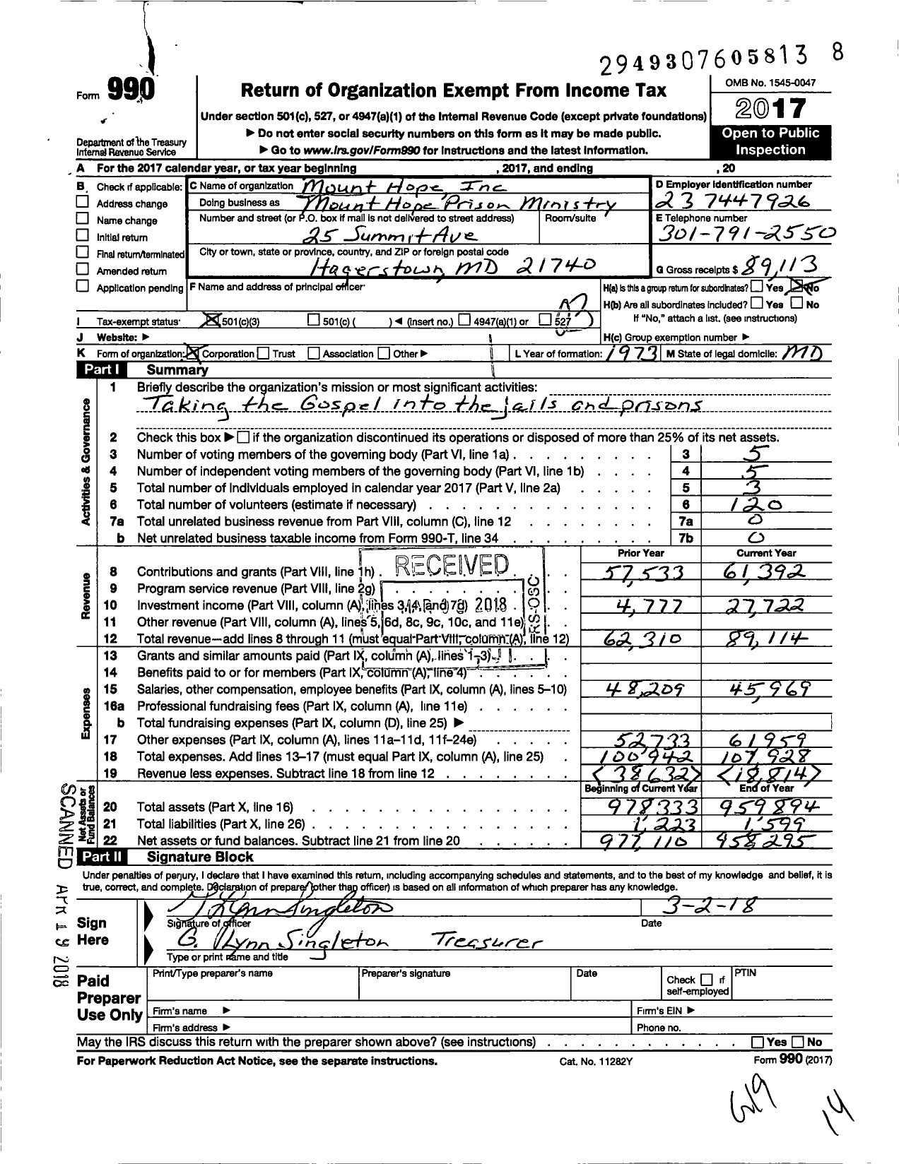 Image of first page of 2017 Form 990 for Mount Hope Prison Ministry