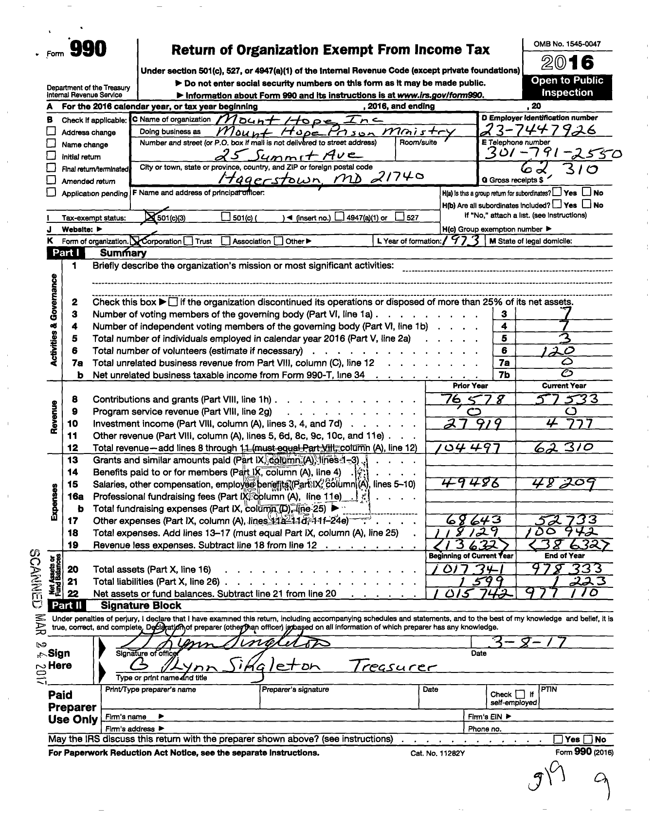 Image of first page of 2016 Form 990 for Mount Hope Prison Ministry