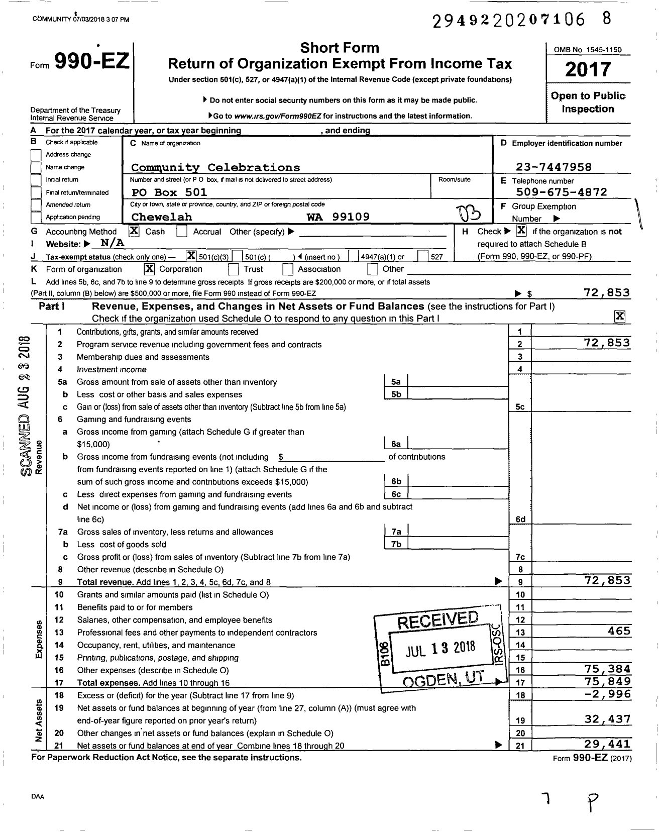 Image of first page of 2017 Form 990EZ for Community Celebrations