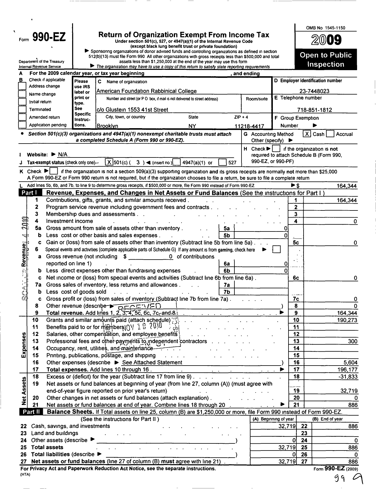 Image of first page of 2009 Form 990EZ for American Foundation for Rabbinical College Yeshivath Beer Yaakov