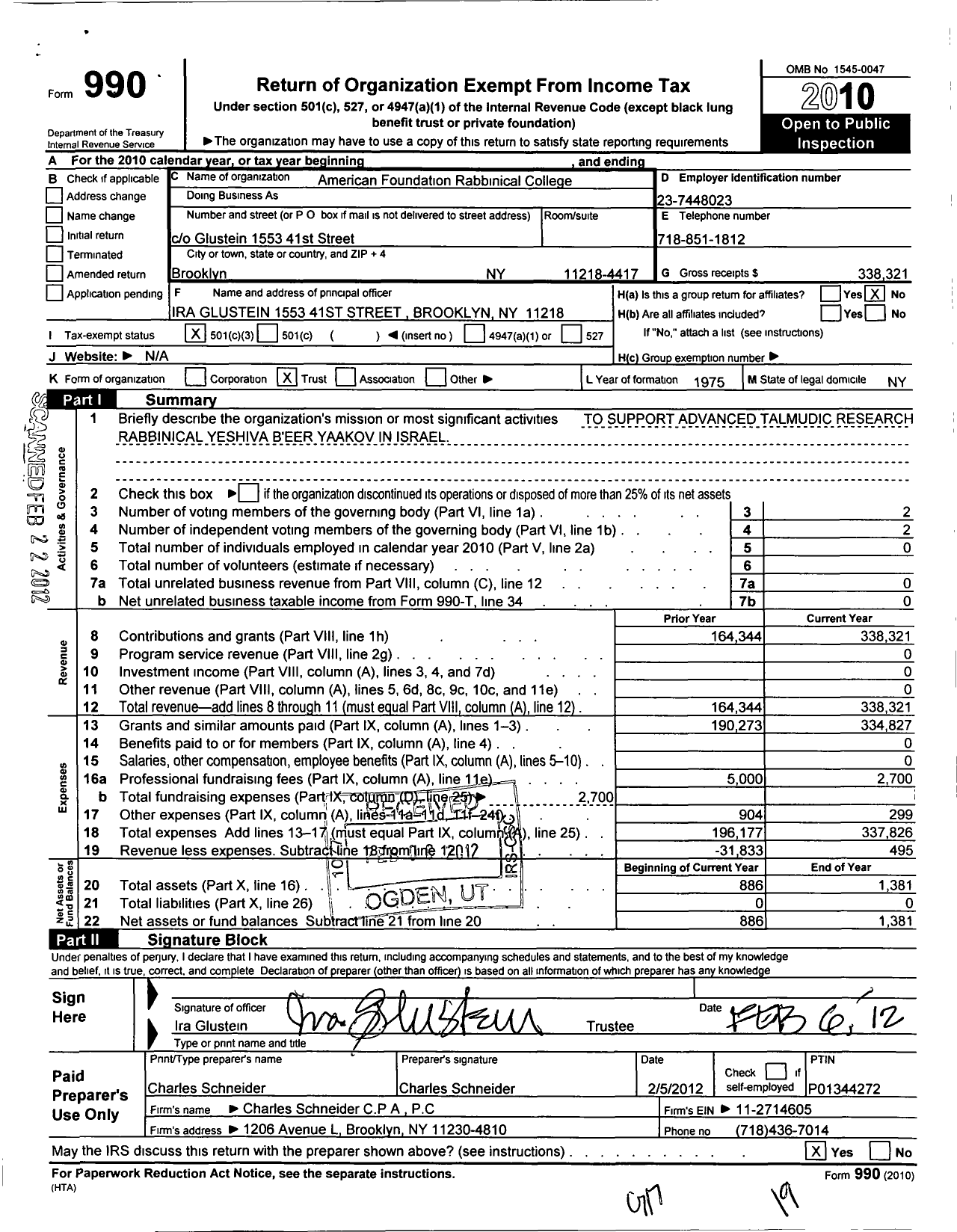 Image of first page of 2010 Form 990 for American Foundation for Rabbinical College Yeshivath Beer Yaakov