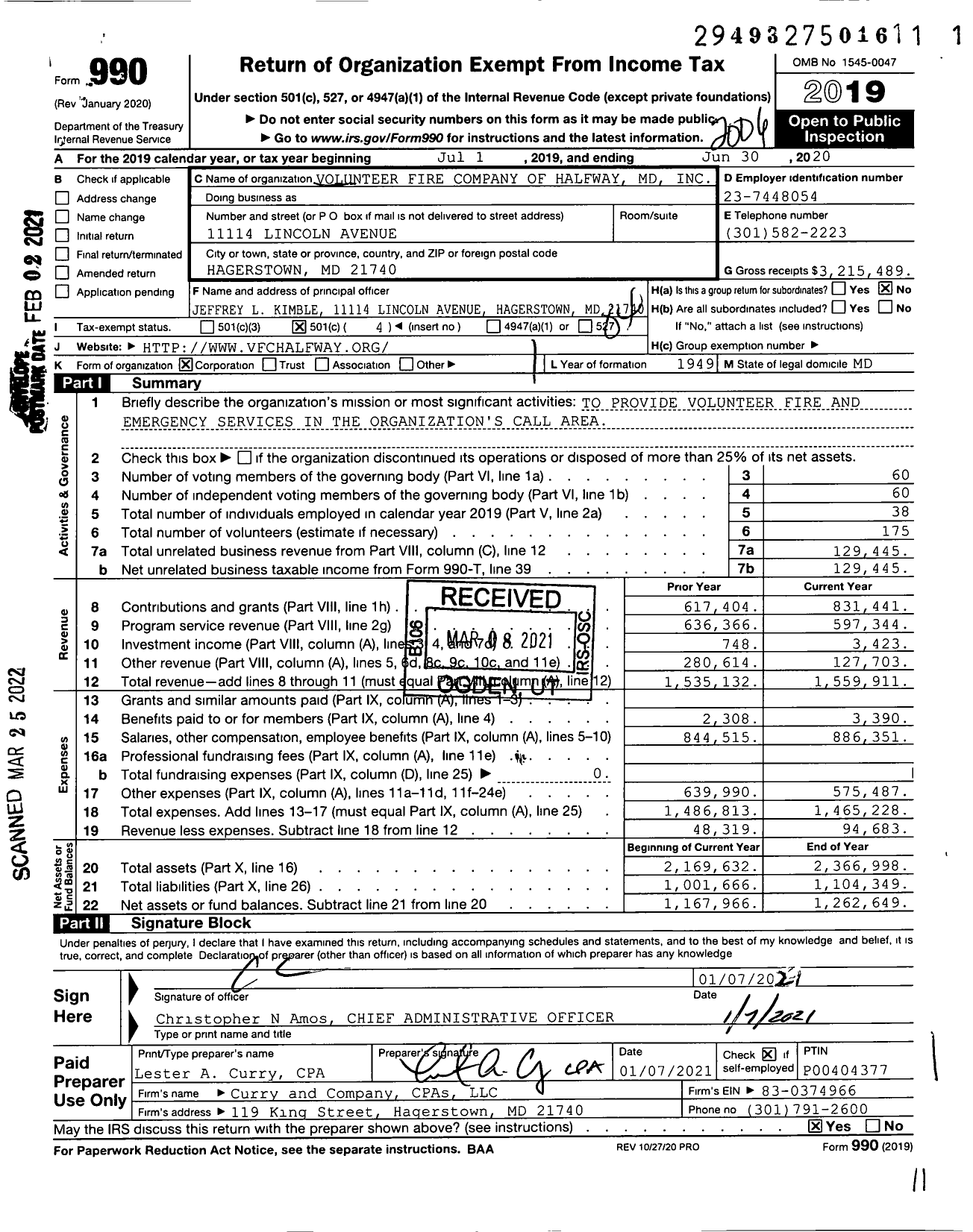 Image of first page of 2019 Form 990O for Volunteer Fire Company of Halfway MD