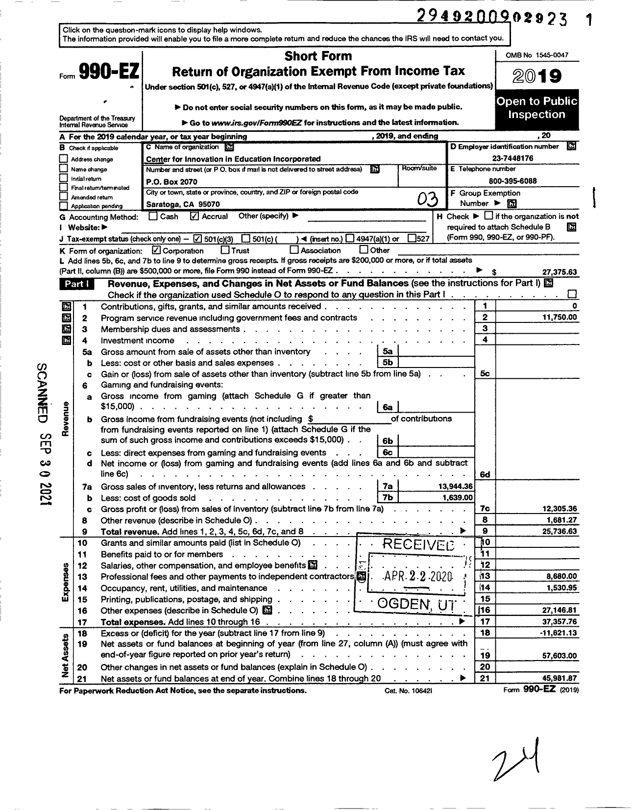 Image of first page of 2019 Form 990EZ for Center for Innovation in Education Incorporated