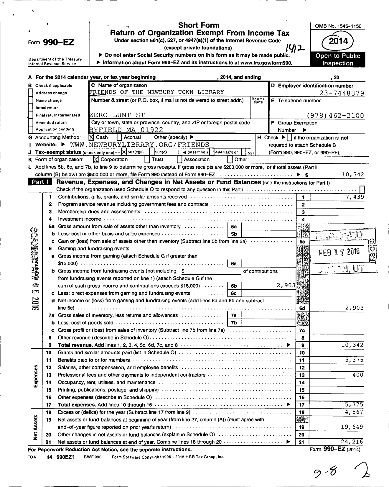 Image of first page of 2014 Form 990EZ for Friends of Newbury Town Library