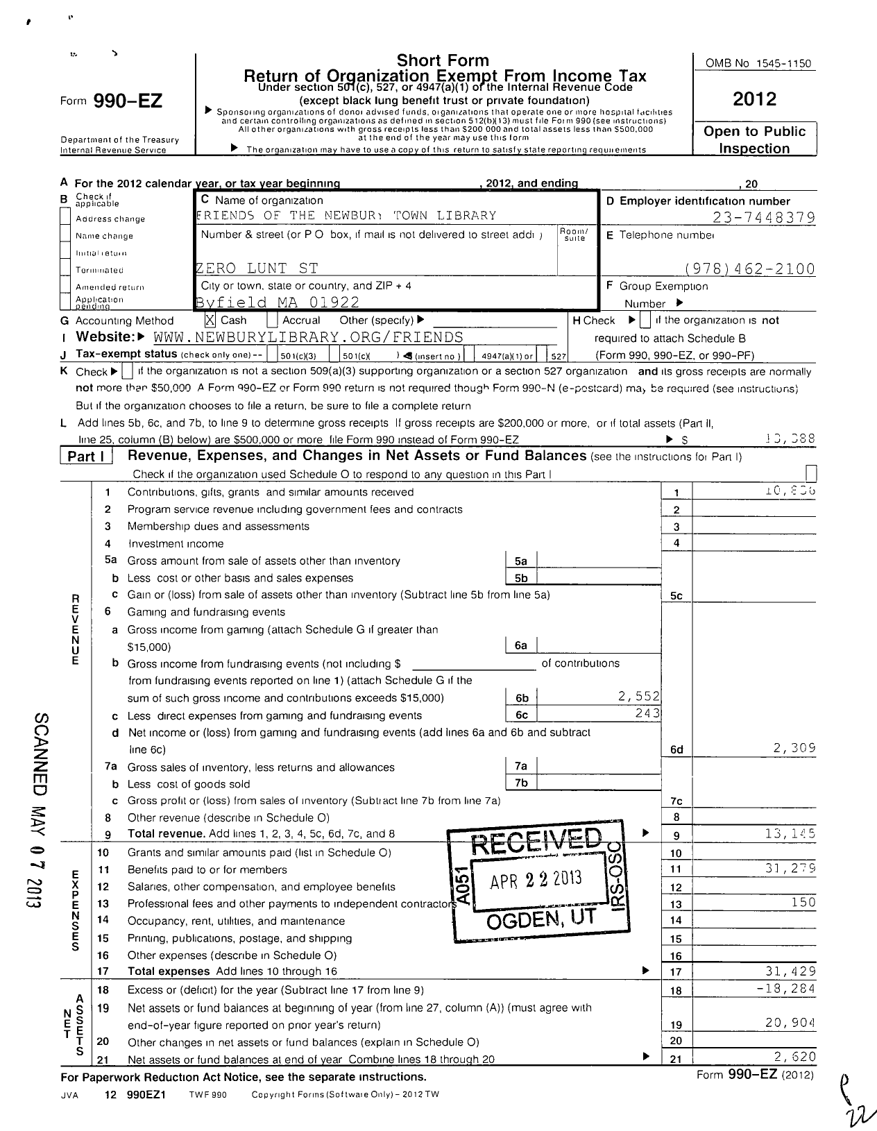 Image of first page of 2012 Form 990EO for Friends of Newbury Town Library