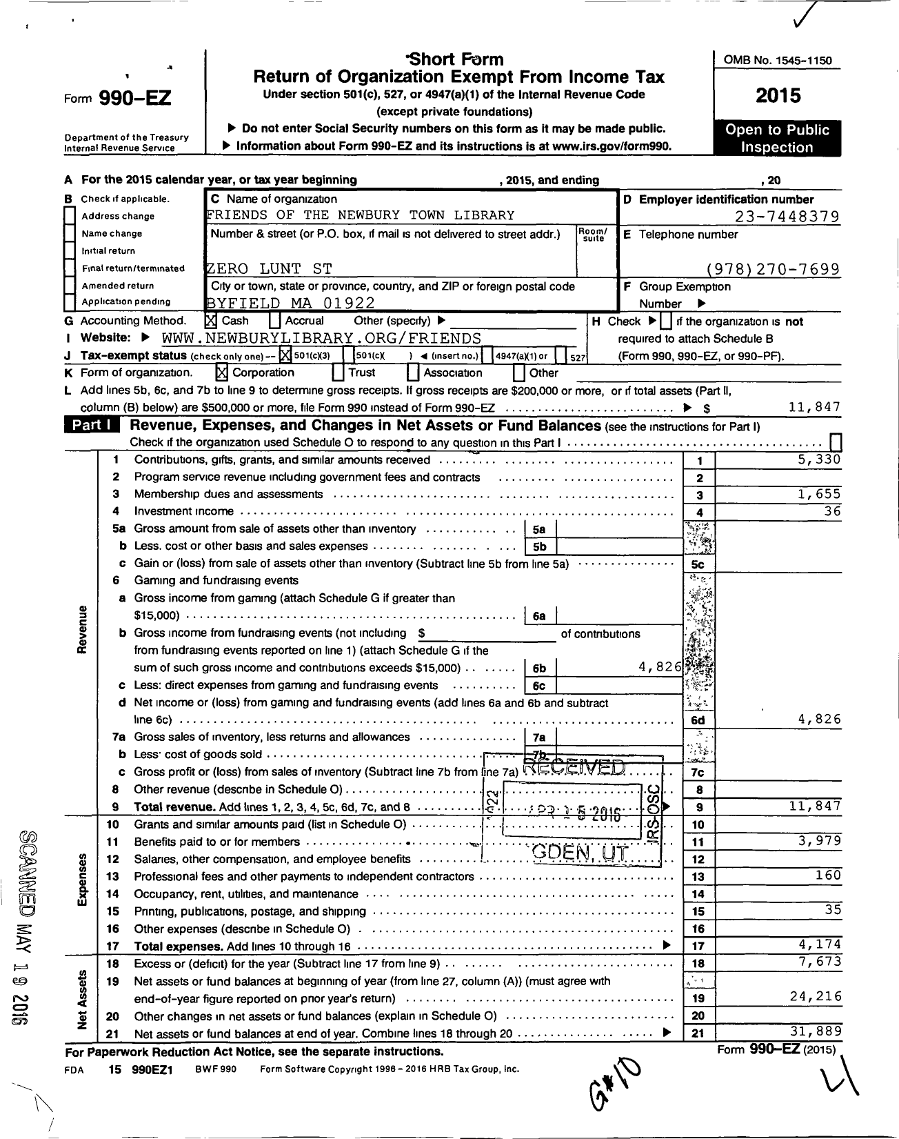 Image of first page of 2015 Form 990EZ for Friends of Newbury Town Library