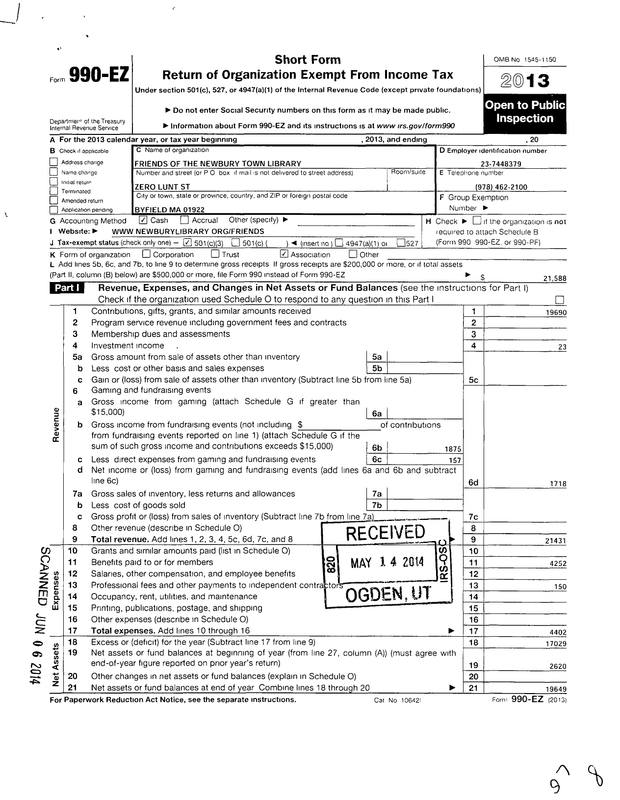 Image of first page of 2013 Form 990EZ for Friends of Newbury Town Library