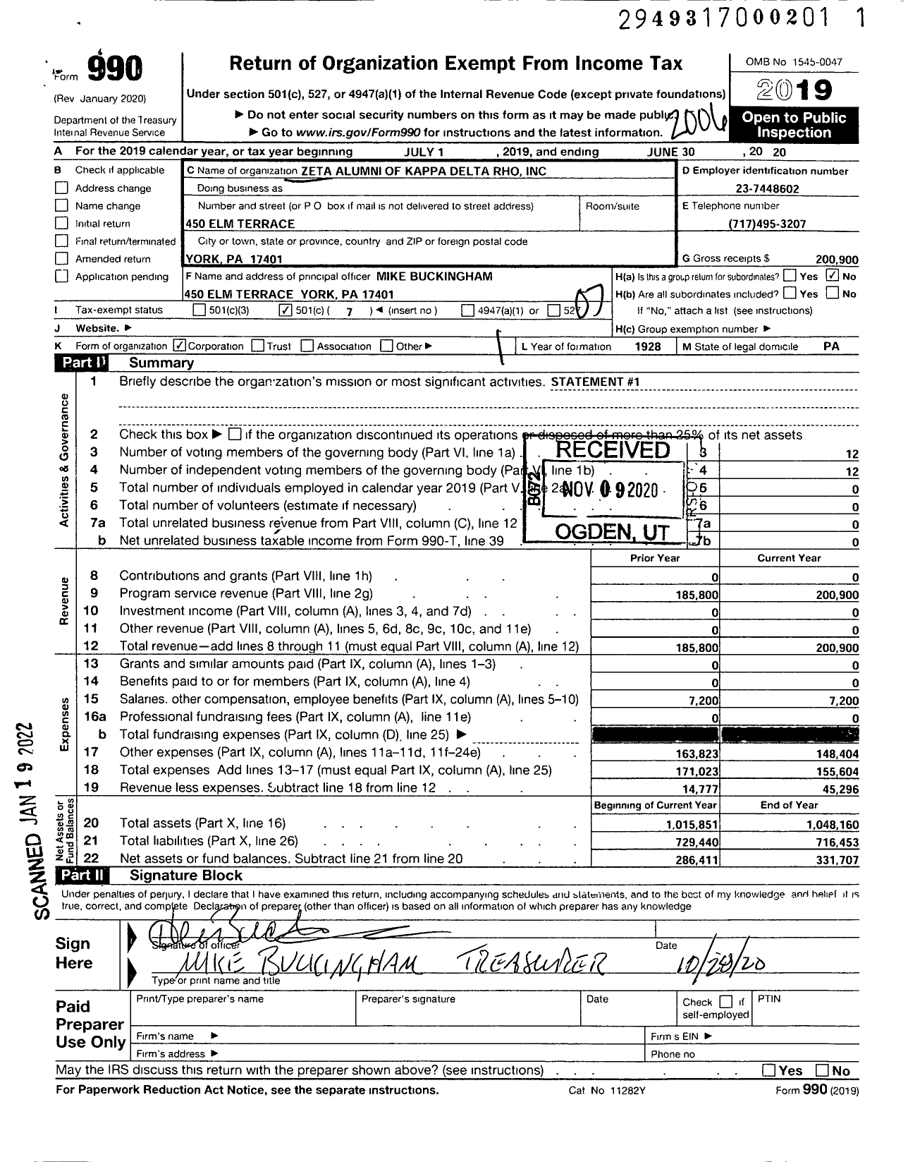 Image of first page of 2019 Form 990O for Zeta Alumni of Kappa Delta Rho