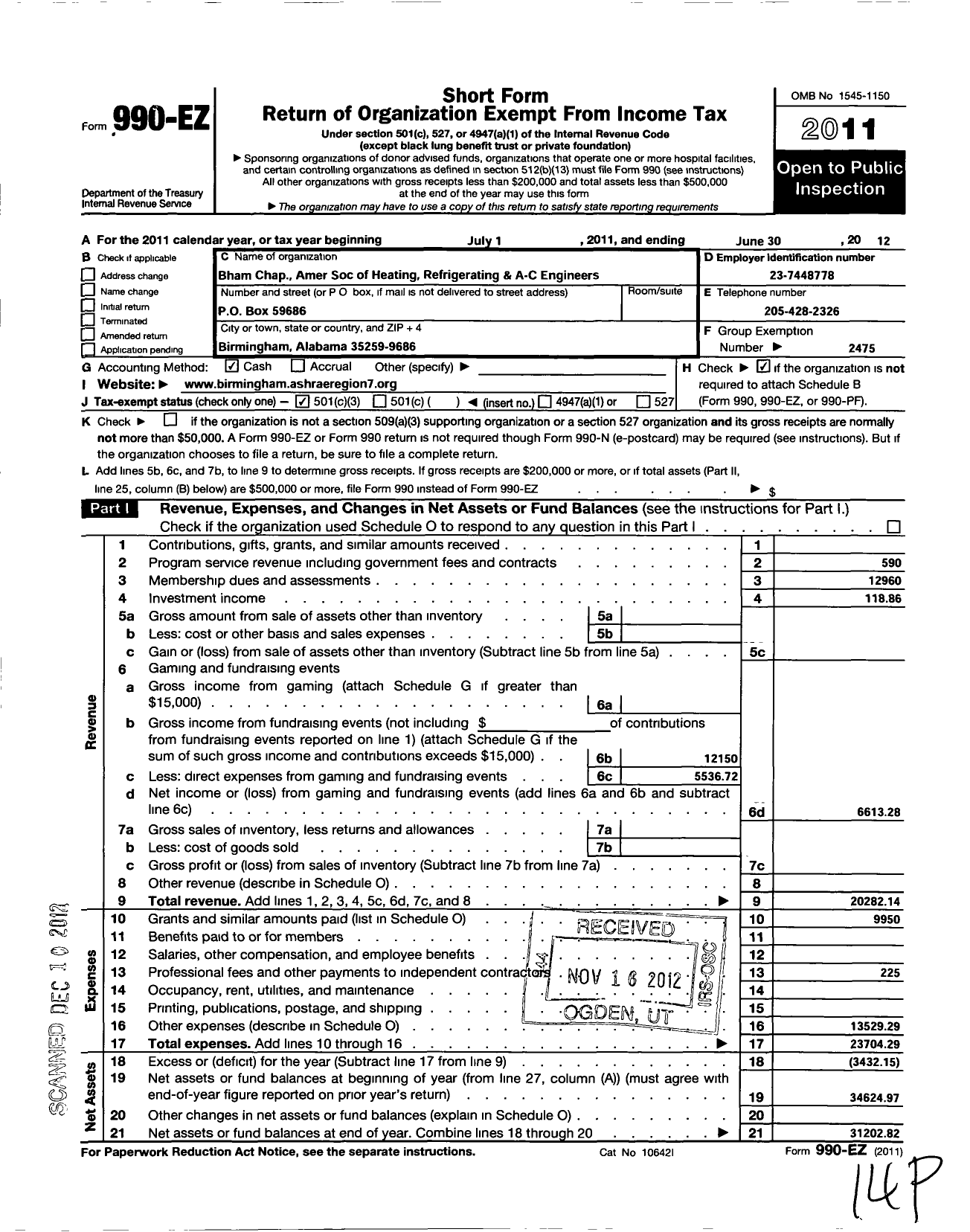 Image of first page of 2011 Form 990EZ for American Society of Heating Refrigerating and A-C Engineers / Birmingham