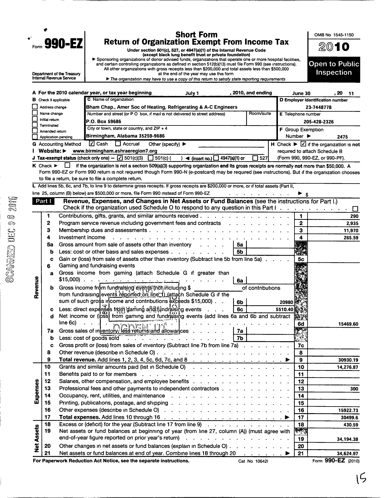 Image of first page of 2010 Form 990EZ for American Society of Heating Refrigerating and A-C Engineers / Birmingham