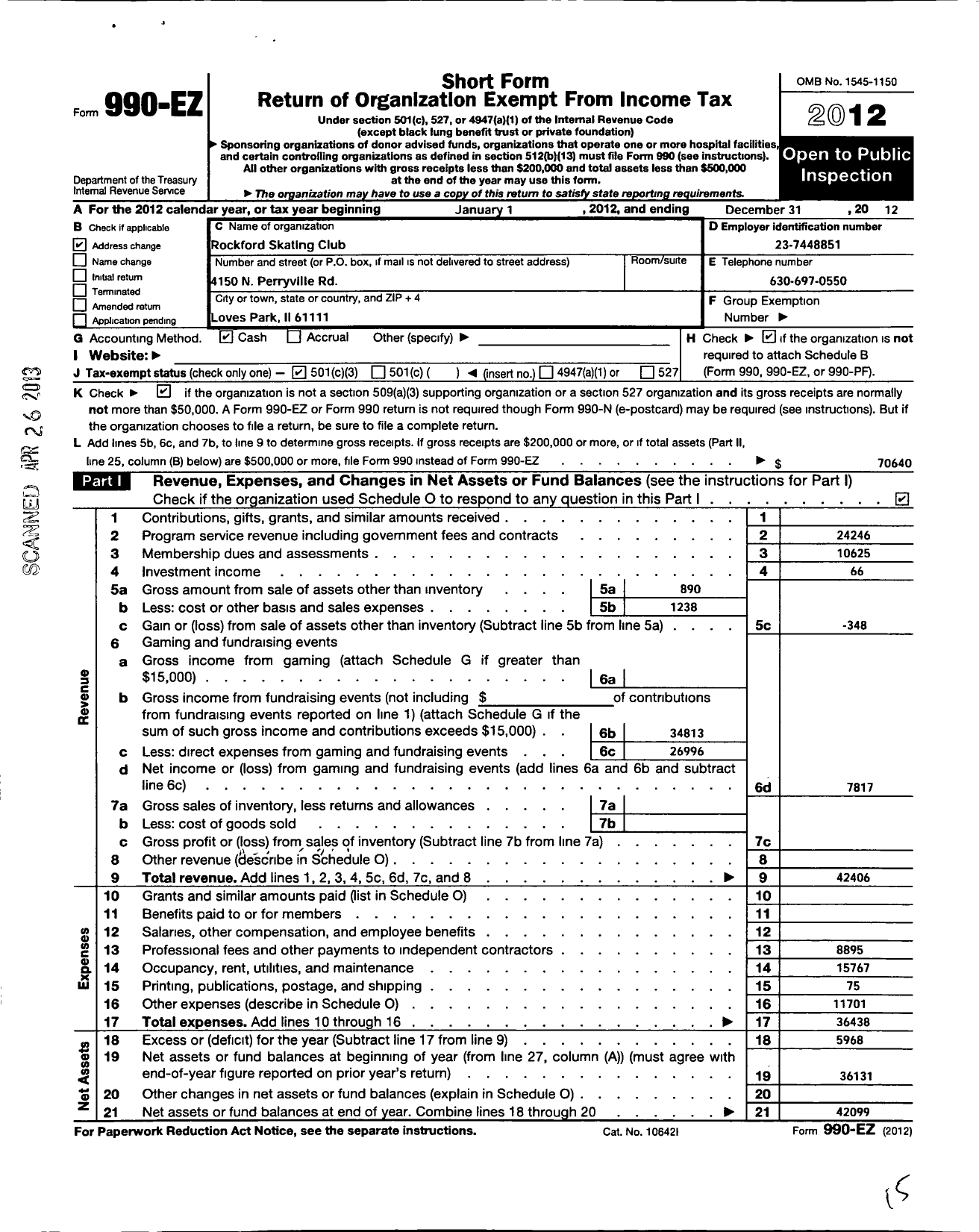 Image of first page of 2012 Form 990EZ for Rockford Skating Club