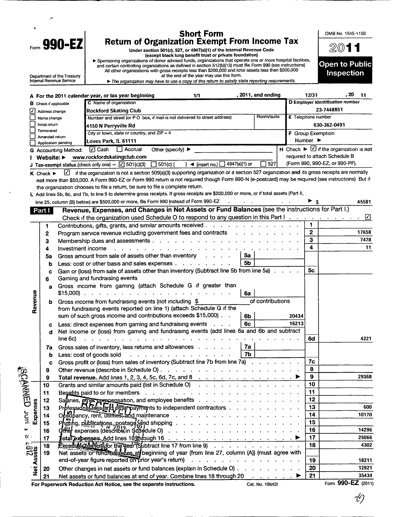 Image of first page of 2011 Form 990EZ for Rockford Skating Club