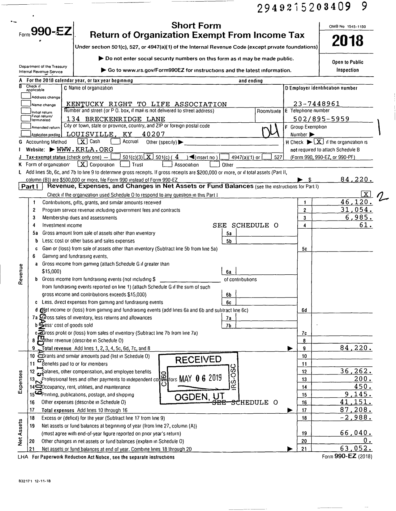 Image of first page of 2018 Form 990EO for Kentucky Right To Life Association