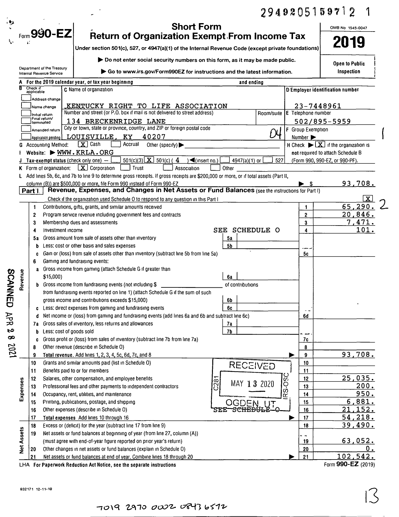 Image of first page of 2019 Form 990EO for Kentucky Right To Life Association