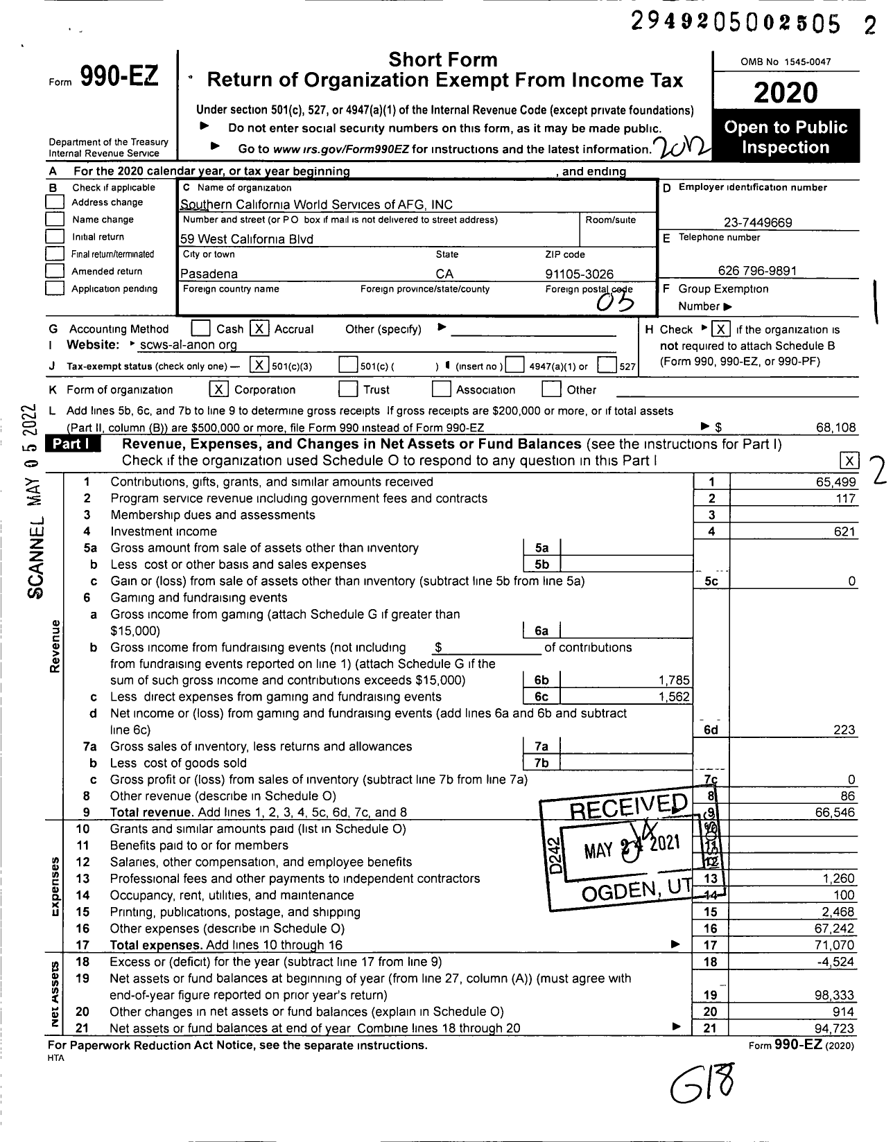 Image of first page of 2020 Form 990EZ for Southern California World Services of AFG