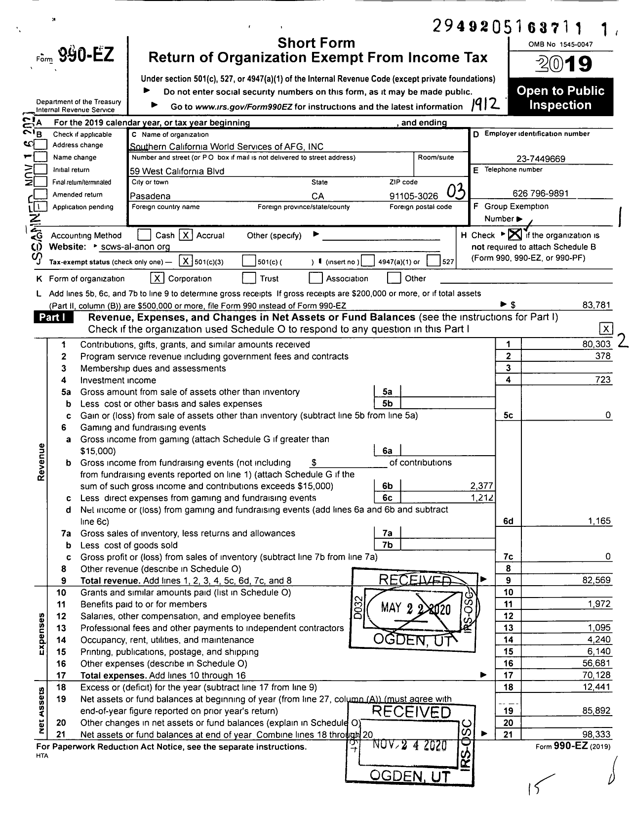 Image of first page of 2019 Form 990EZ for Southern California World Services of AFG