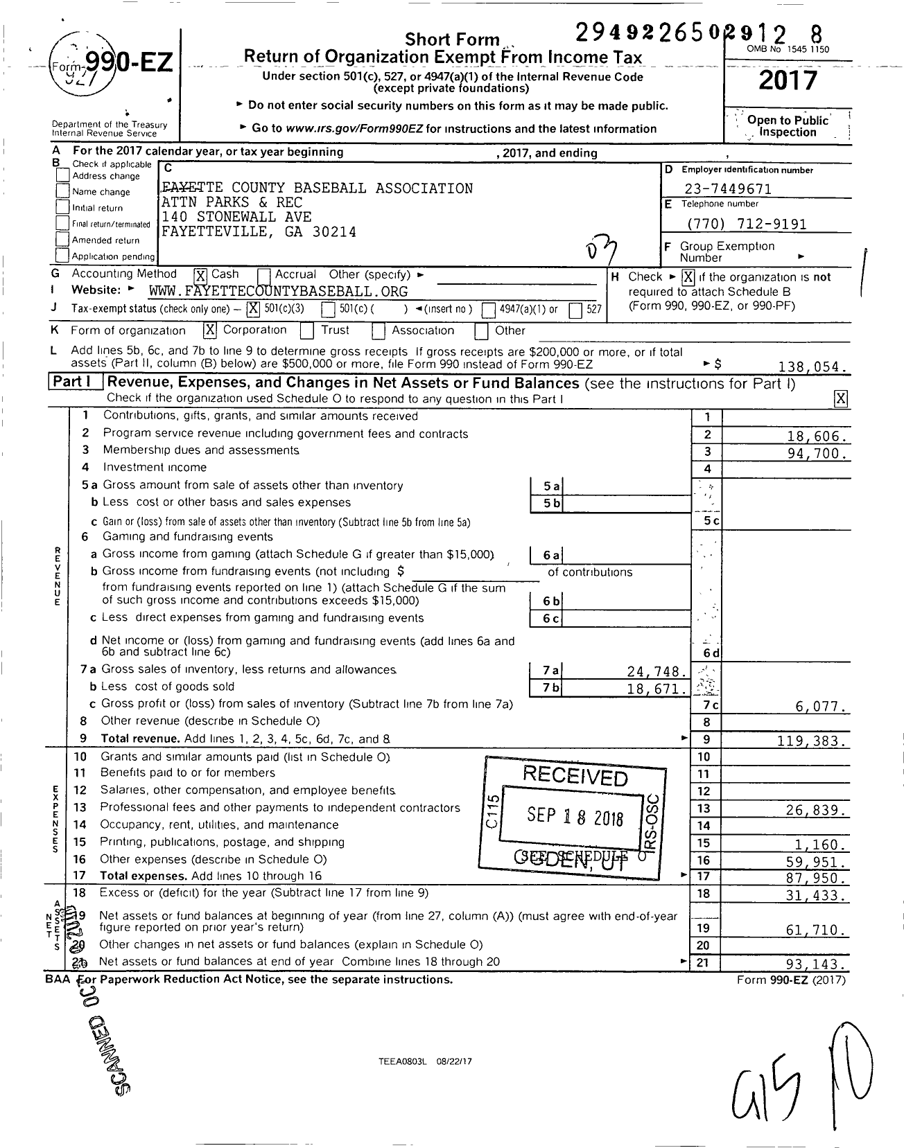 Image of first page of 2017 Form 990EZ for Fayette County Baseball Association