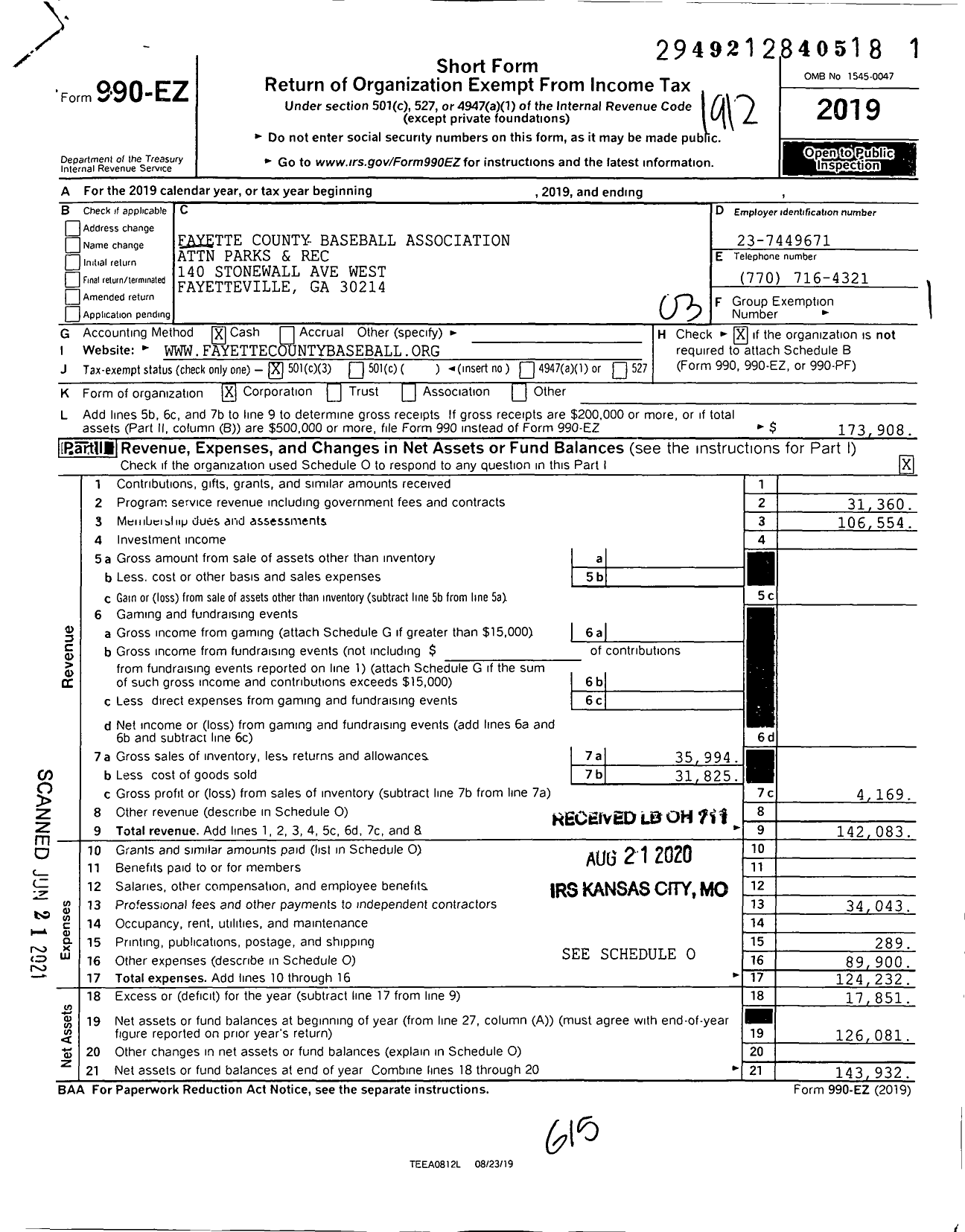 Image of first page of 2019 Form 990EZ for Fayette County Baseball Association