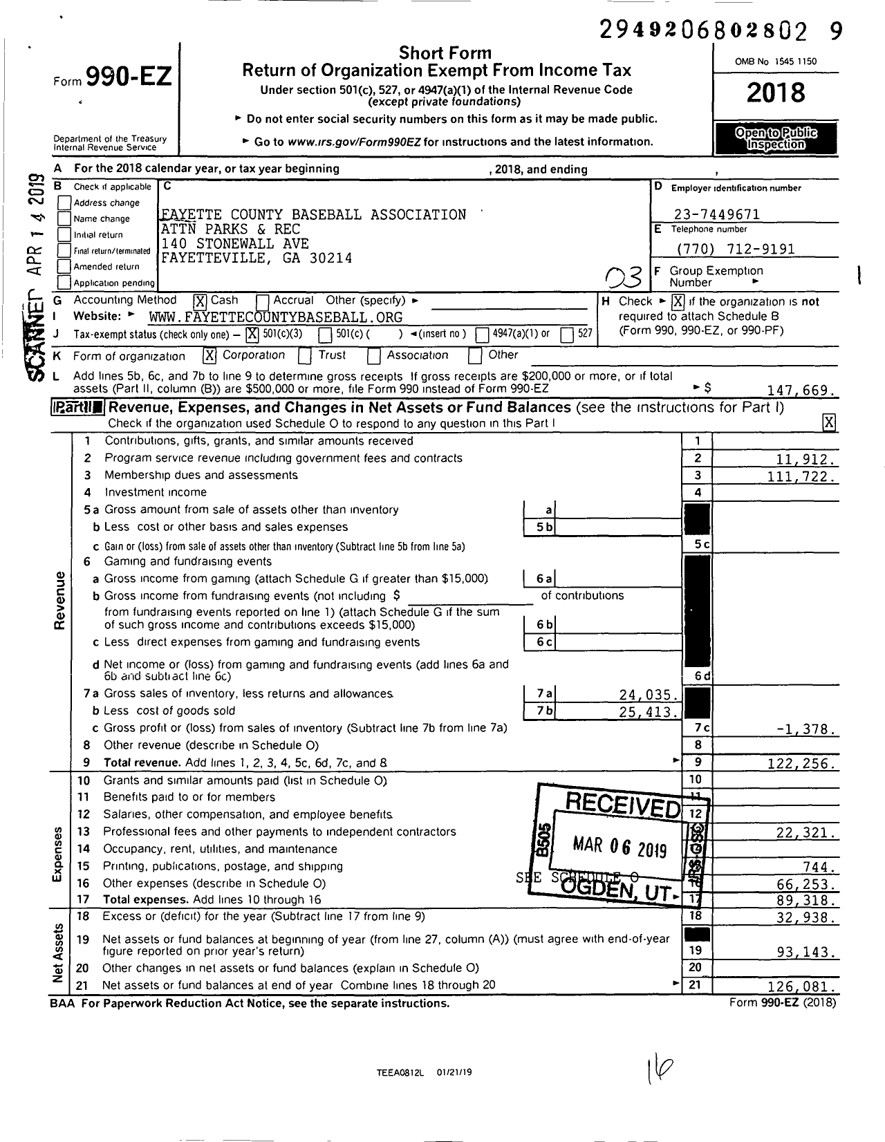 Image of first page of 2018 Form 990EZ for Fayette County Baseball Association