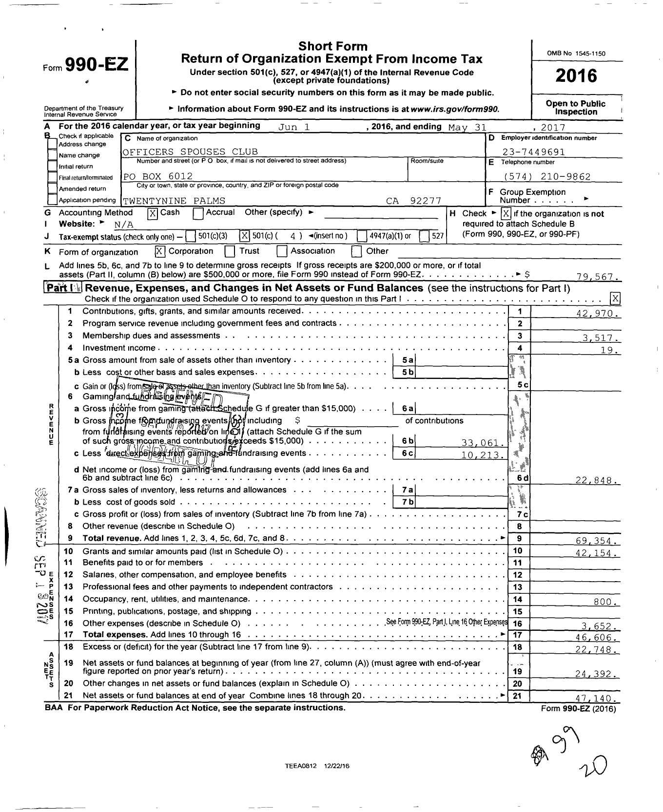 Image of first page of 2016 Form 990EO for Officers Spouses Club