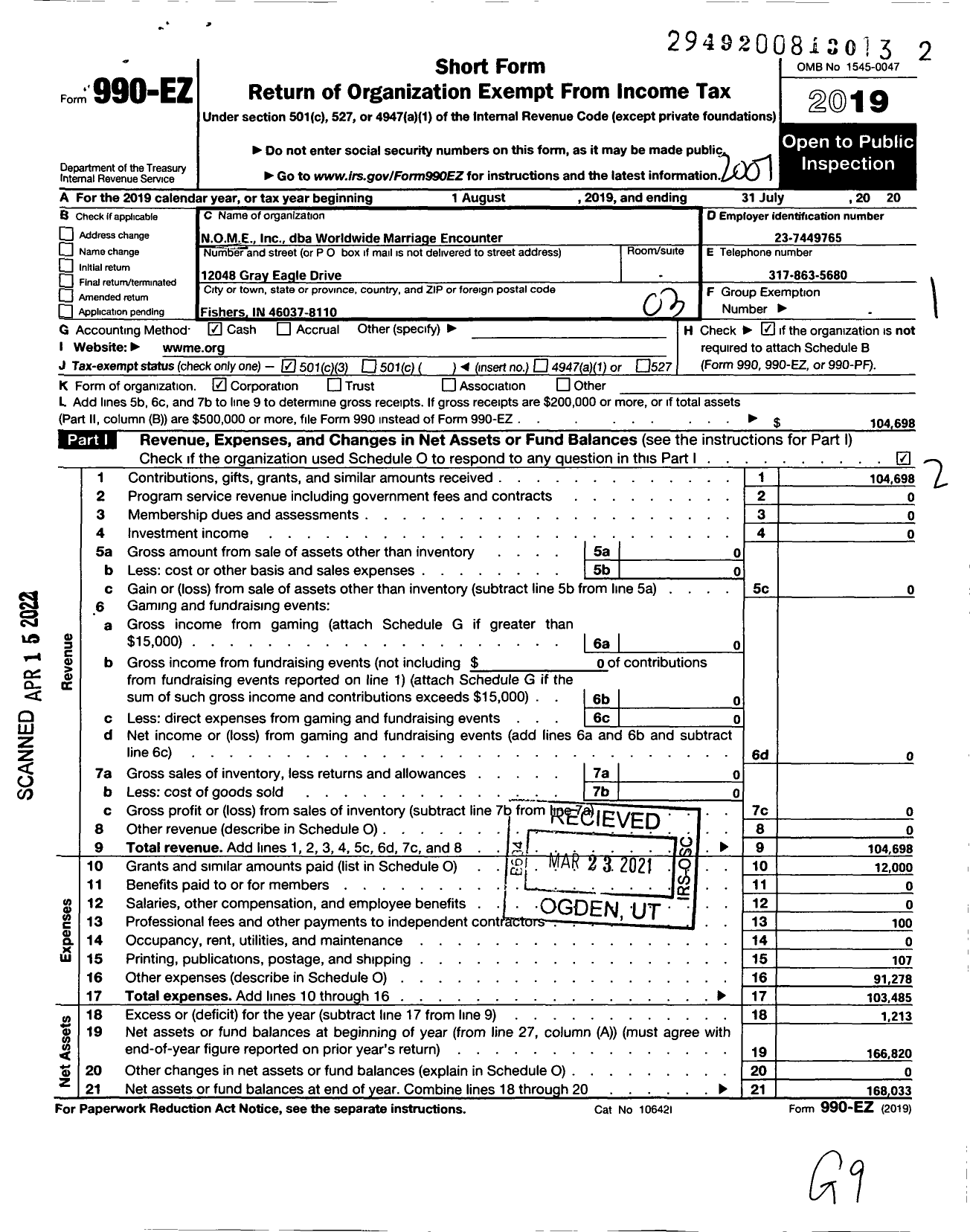 Image of first page of 2019 Form 990EZ for Nome (Worldwide Marriage Encounter)