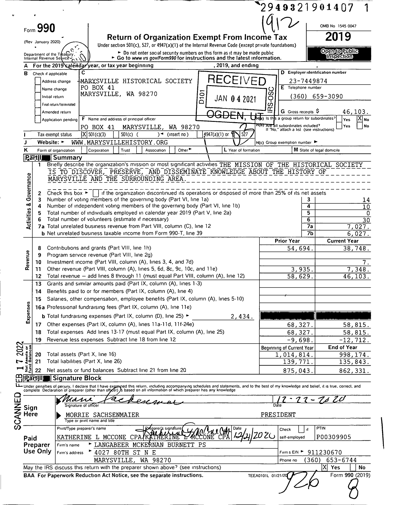 Image of first page of 2019 Form 990 for Marysville Historical Society