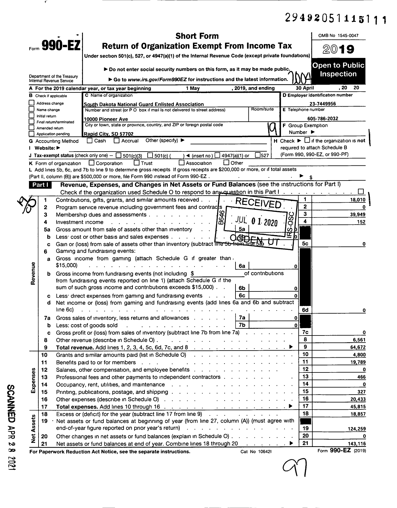 Image of first page of 2019 Form 990EO for South Dakota National Guard Enlisted Association