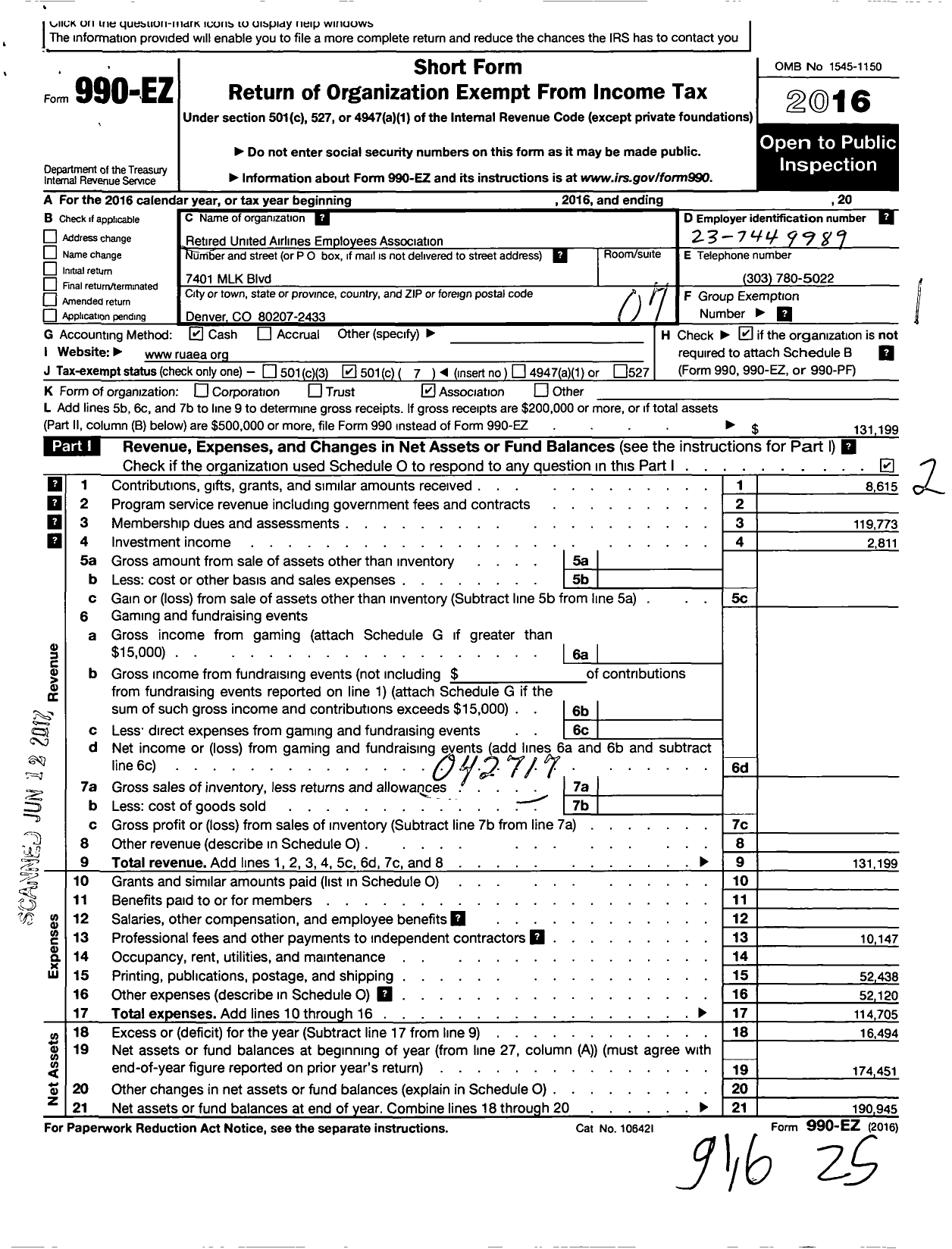 Image of first page of 2016 Form 990EO for Retired United Airlines Employees Associat