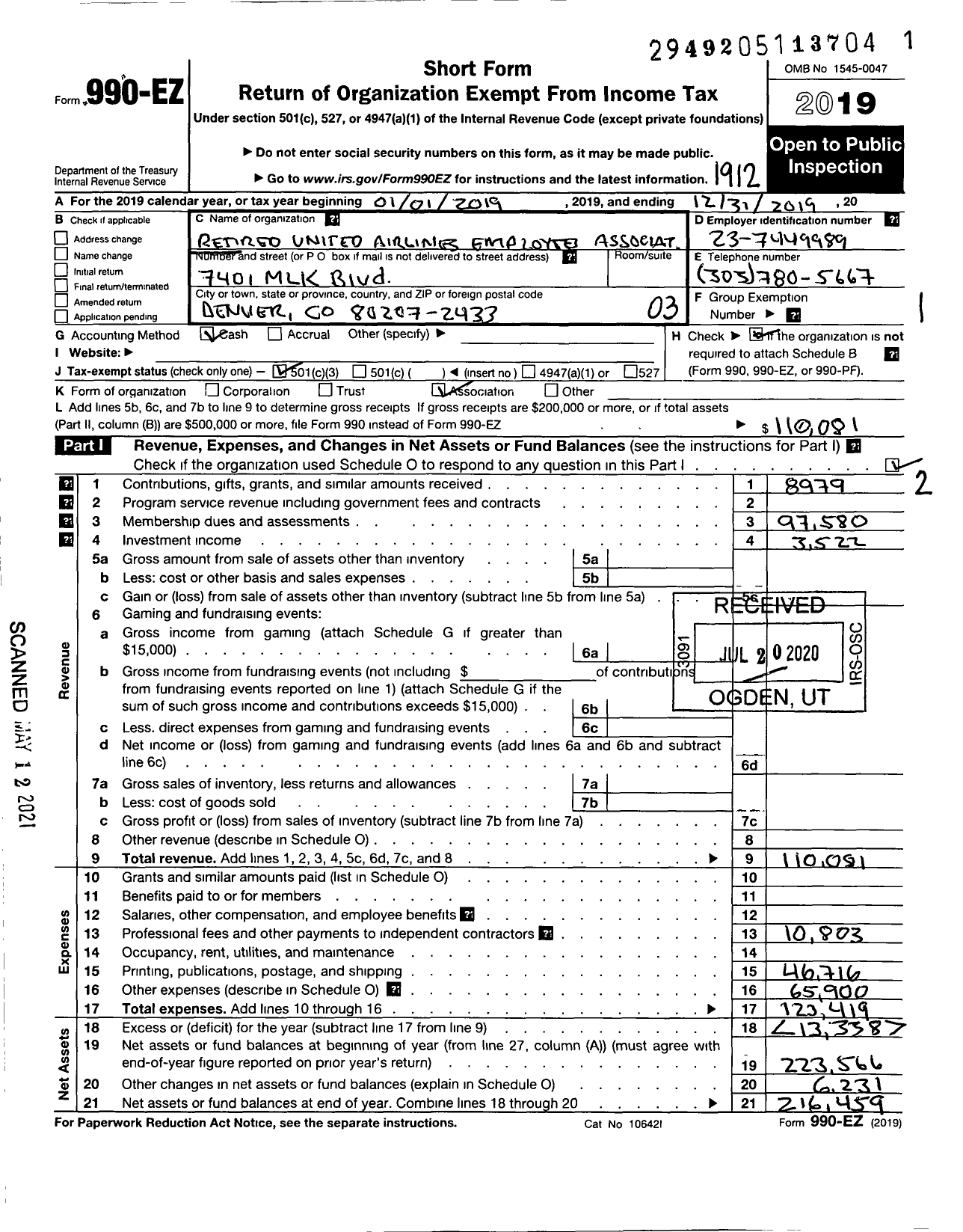 Image of first page of 2019 Form 990EZ for Retired United Airlines Employees Associat