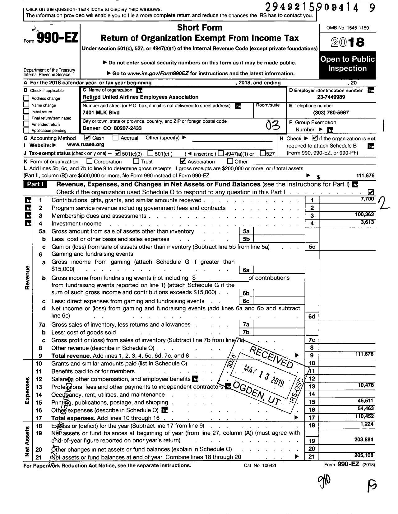 Image of first page of 2018 Form 990EZ for Retired United Airlines Employees Associat