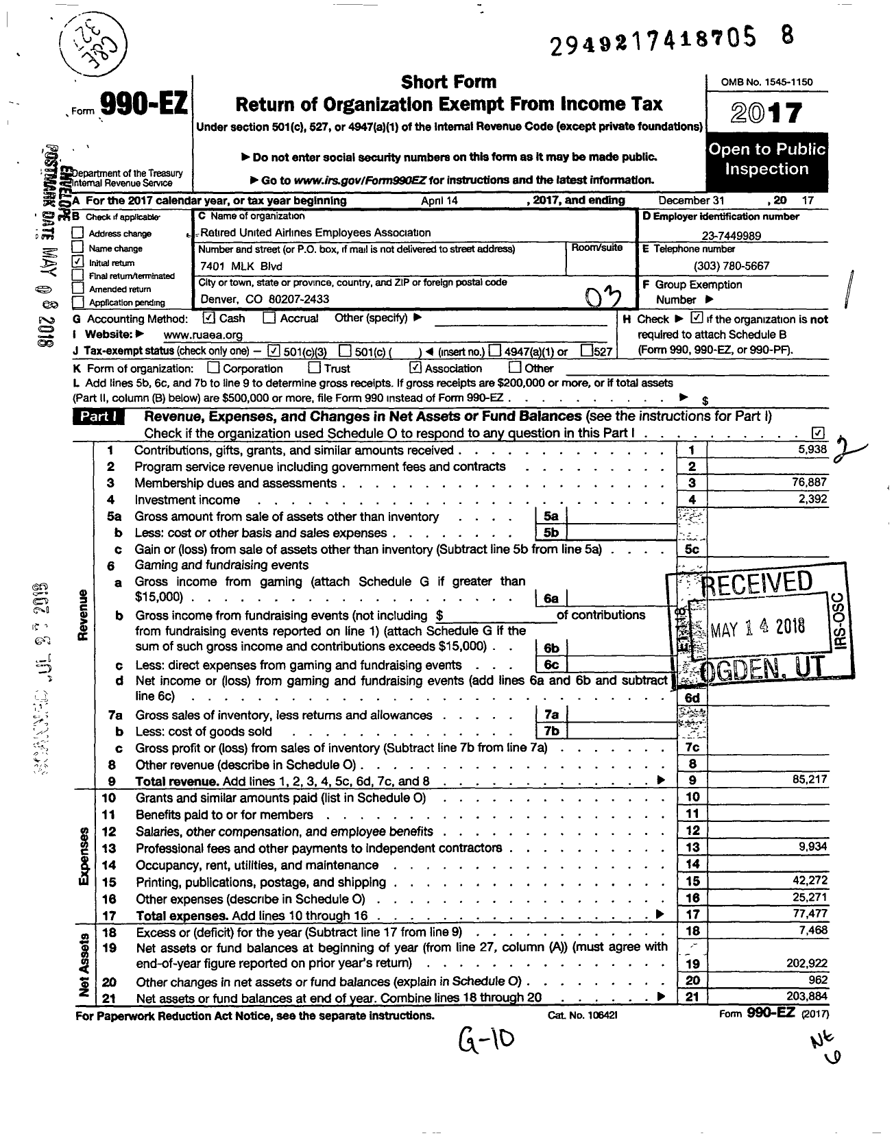 Image of first page of 2017 Form 990EZ for Retired United Airlines Employees Associat