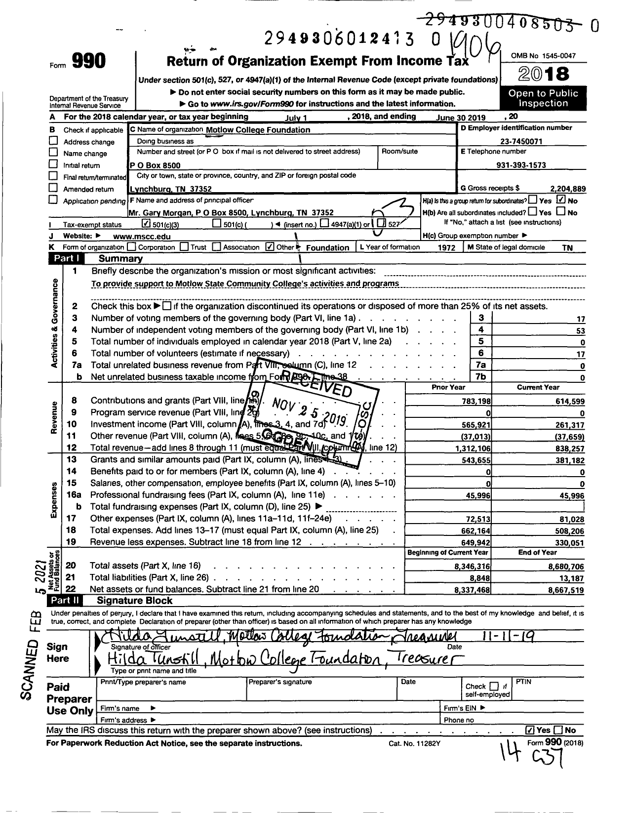 Image of first page of 2018 Form 990 for Motlow College Foundation