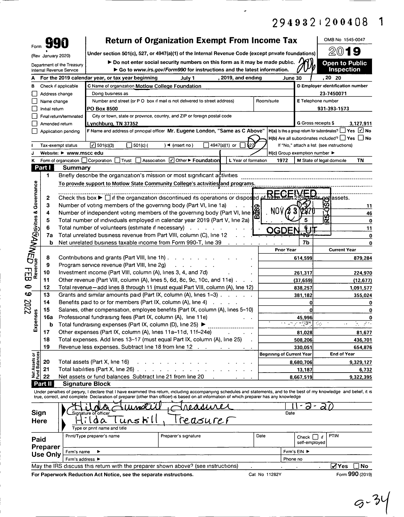 Image of first page of 2019 Form 990 for Motlow College Foundation