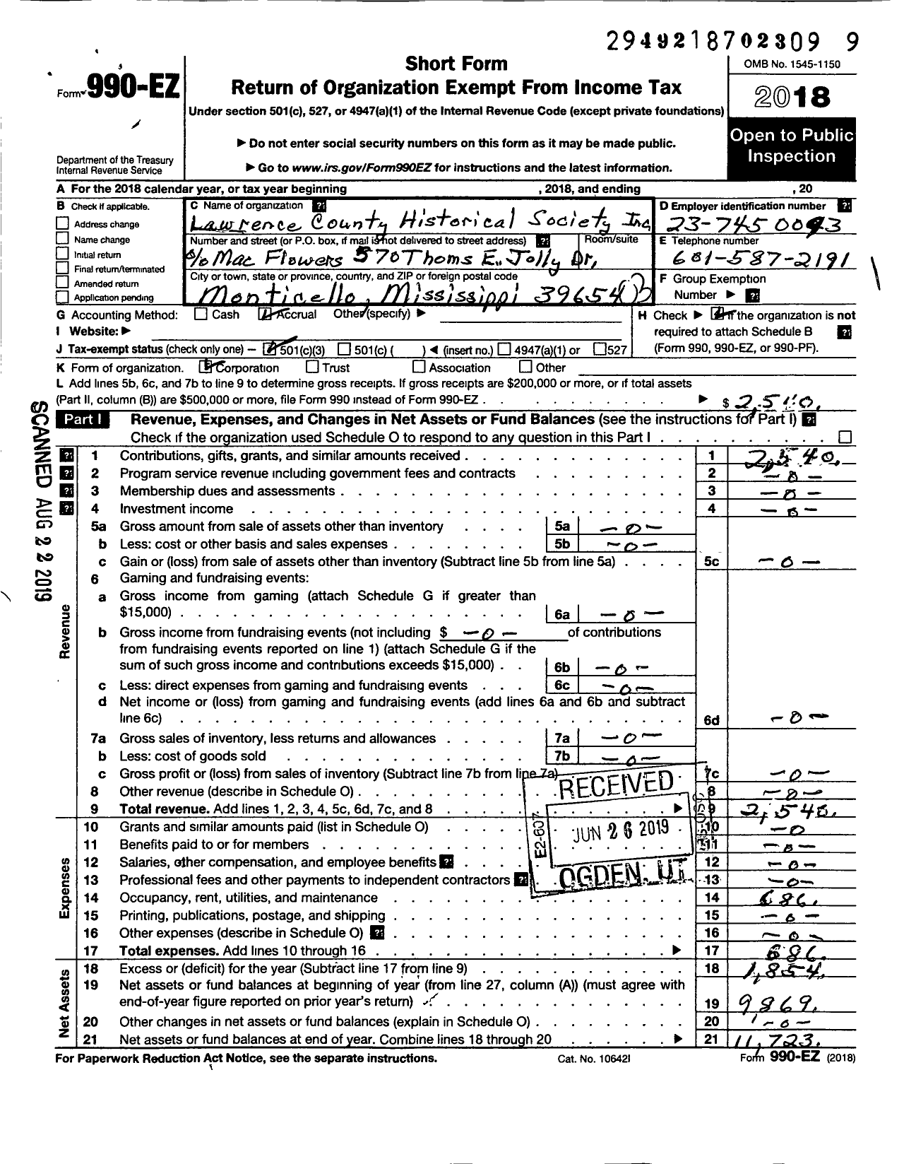 Image of first page of 2018 Form 990EZ for Lawrence County Historical Society