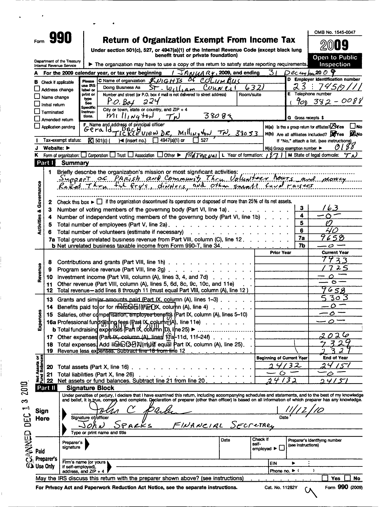 Image of first page of 2009 Form 990O for Knights of Columbus Saint William Council No 6321