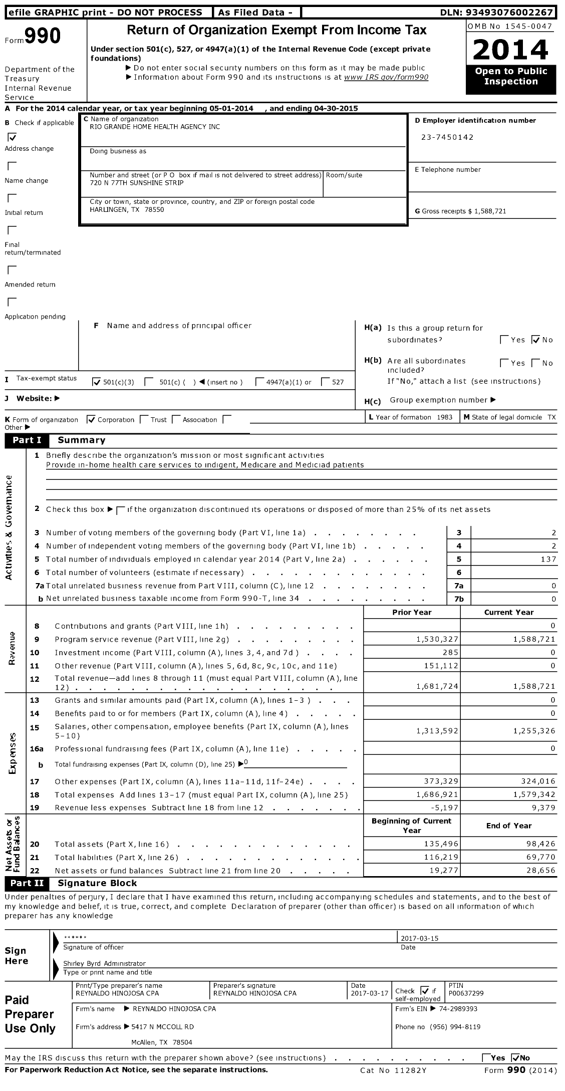 Image of first page of 2014 Form 990 for Rio Grande Home Health Agency