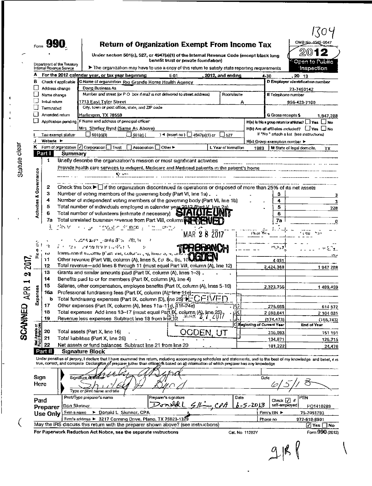 Image of first page of 2012 Form 990O for Rio Grande Home Health Agency