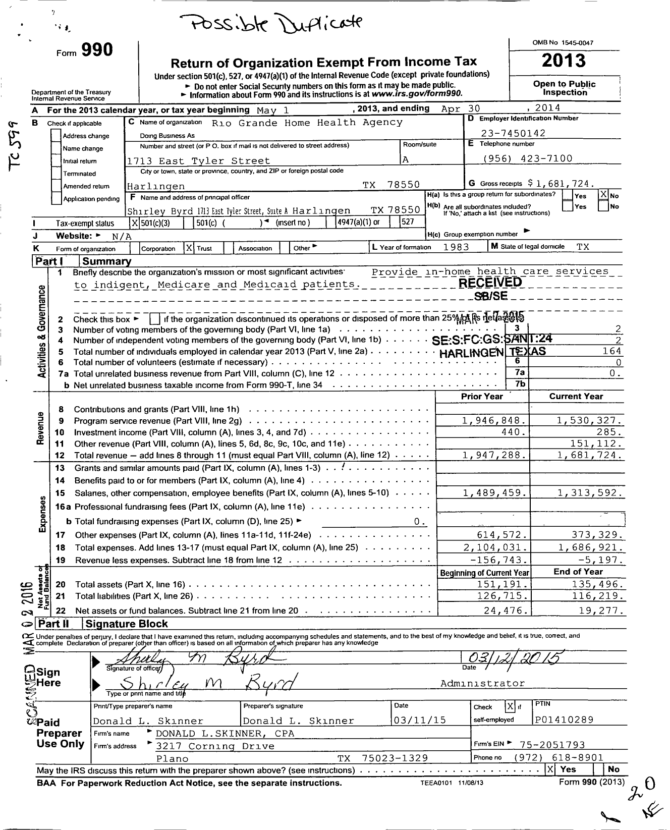 Image of first page of 2013 Form 990 for Rio Grande Home Health Agency