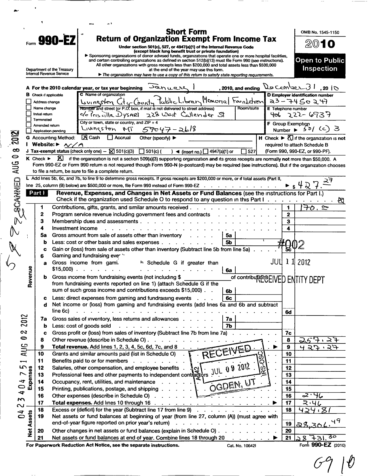 Image of first page of 2010 Form 990EZ for Livingston City-County Public Library Memorial Foundation