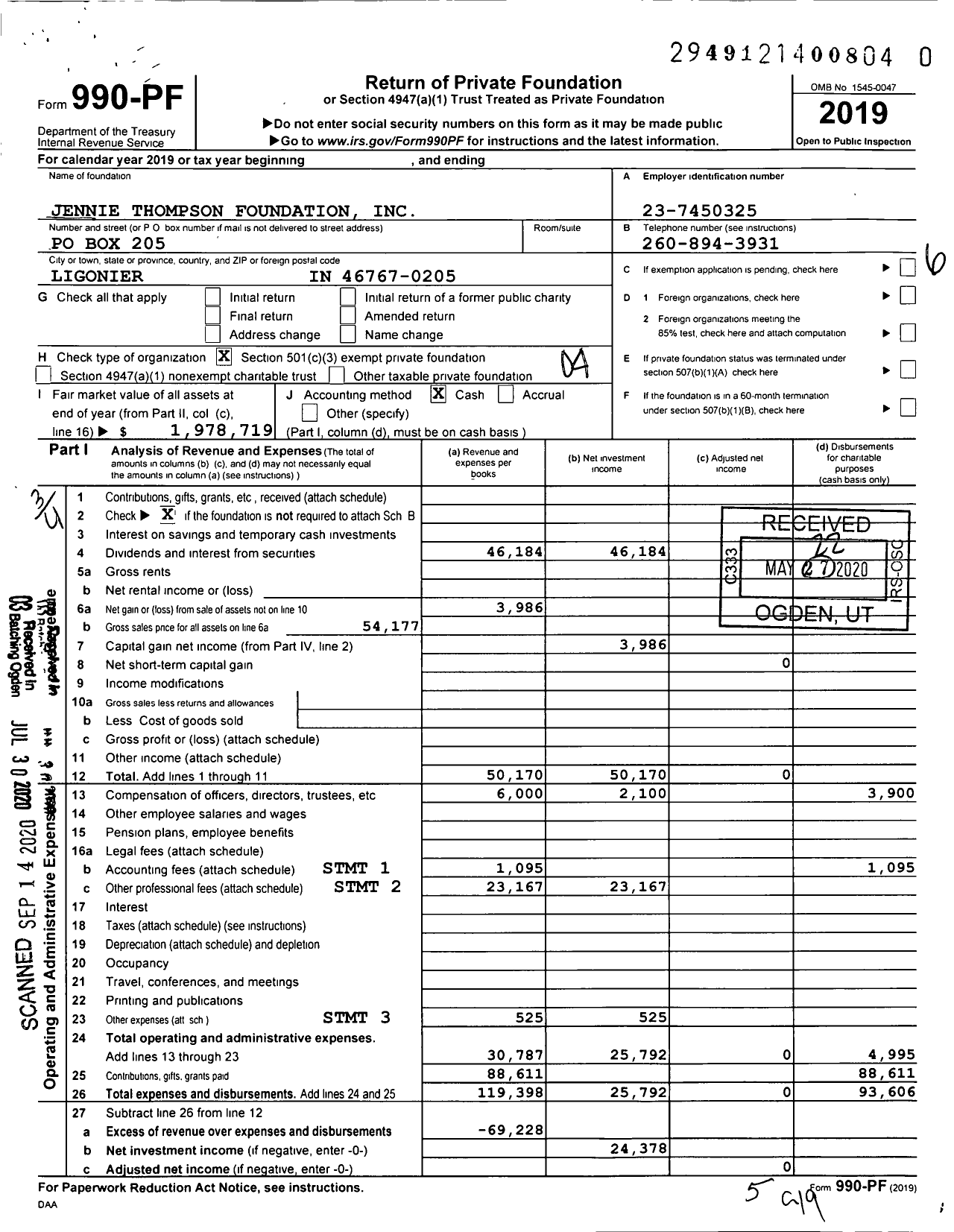 Image of first page of 2019 Form 990PR for Jennie Thompson Foundation