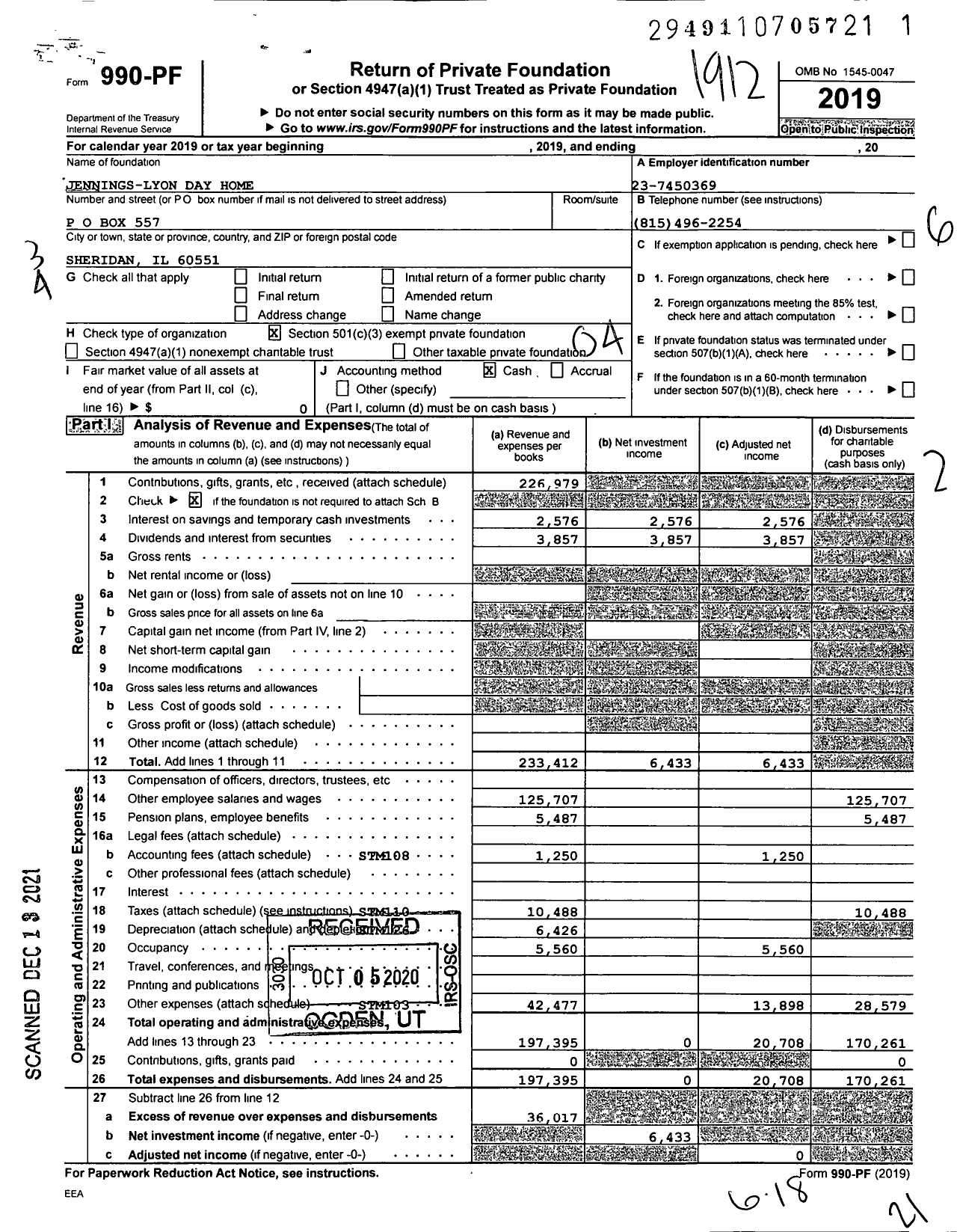 Image of first page of 2019 Form 990PF for Jennings-Lyon Day Home