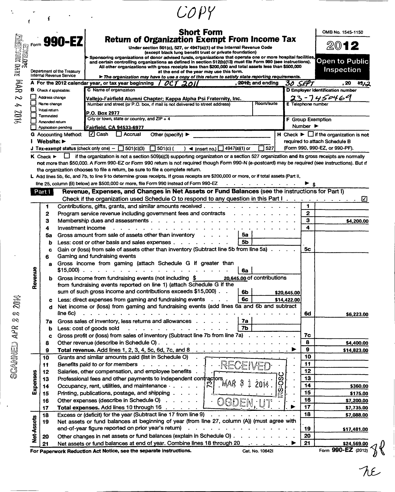 Image of first page of 2011 Form 990EO for Kappa Alpha Psi Fraternity / Vallejo Fairfield Alumni Chapter