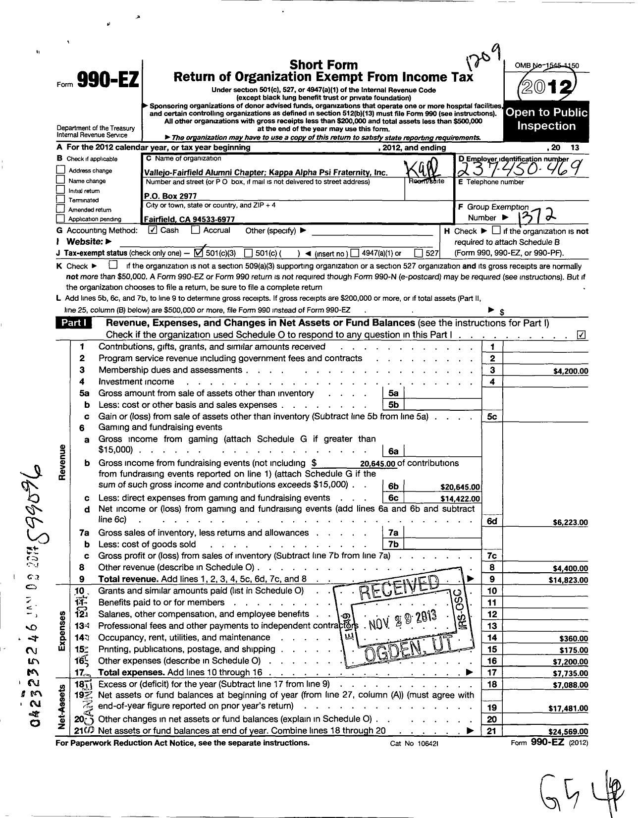 Image of first page of 2013 Form 990EZ for Kappa Alpha Psi Fraternity / Vallejo Fairfield Alumni Chapter