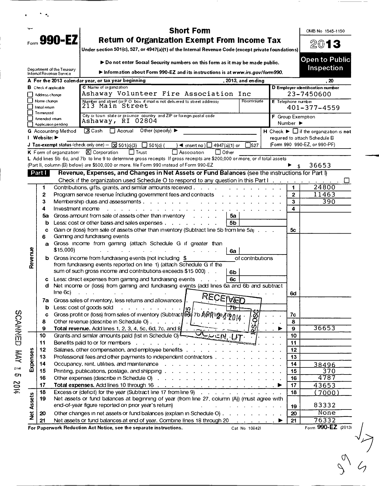 Image of first page of 2013 Form 990EZ for Ashaway Volunteer Fire Association