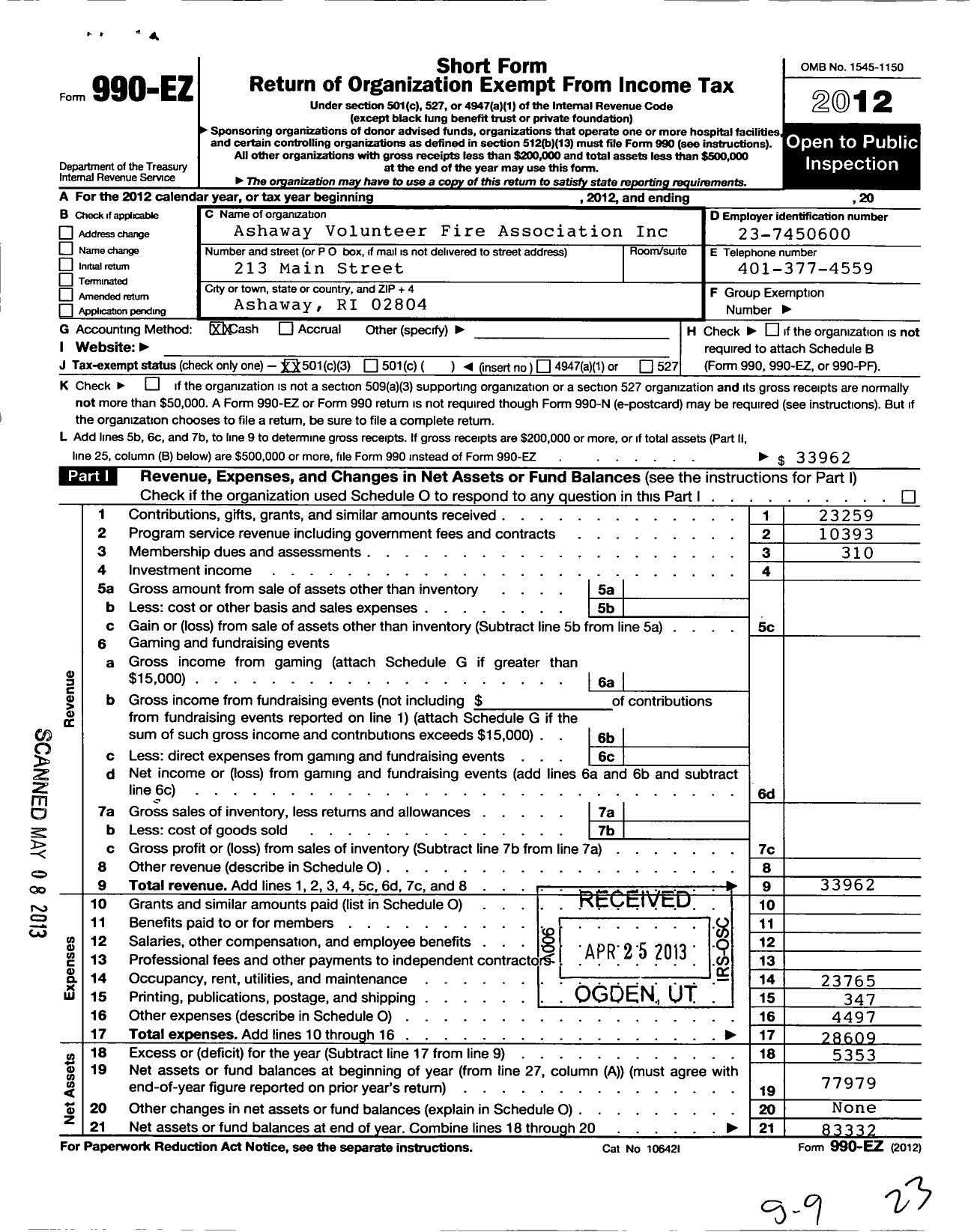 Image of first page of 2012 Form 990EZ for Ashaway Volunteer Fire Association