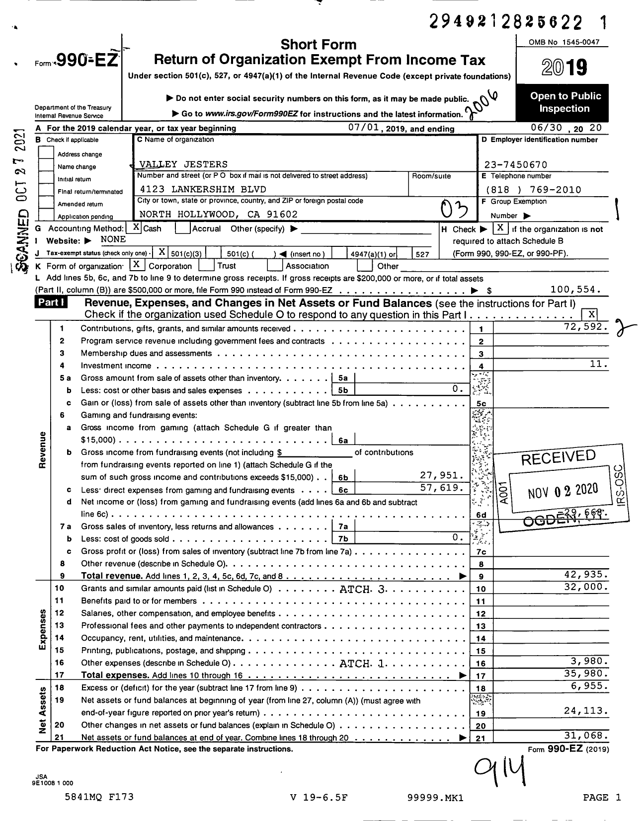 Image of first page of 2019 Form 990EZ for Valley Jesters