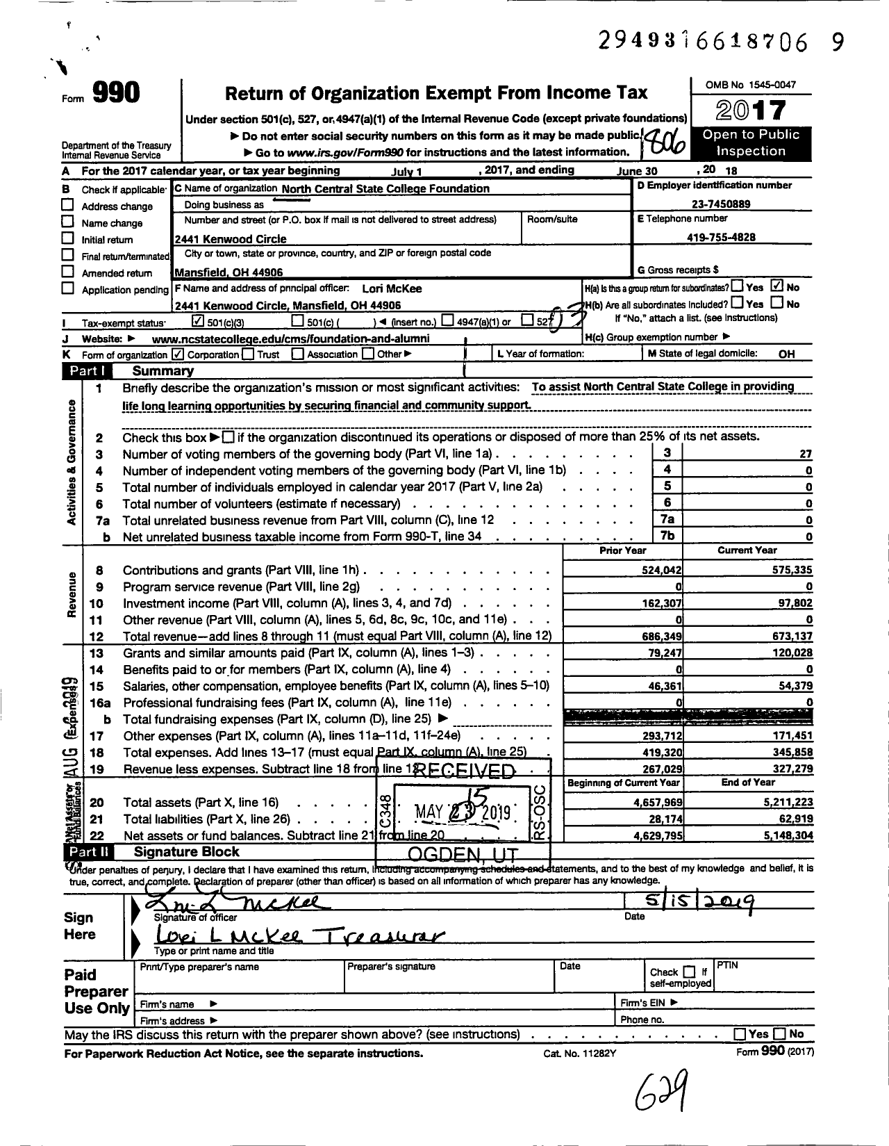 Image of first page of 2017 Form 990 for North Central State College Foundation